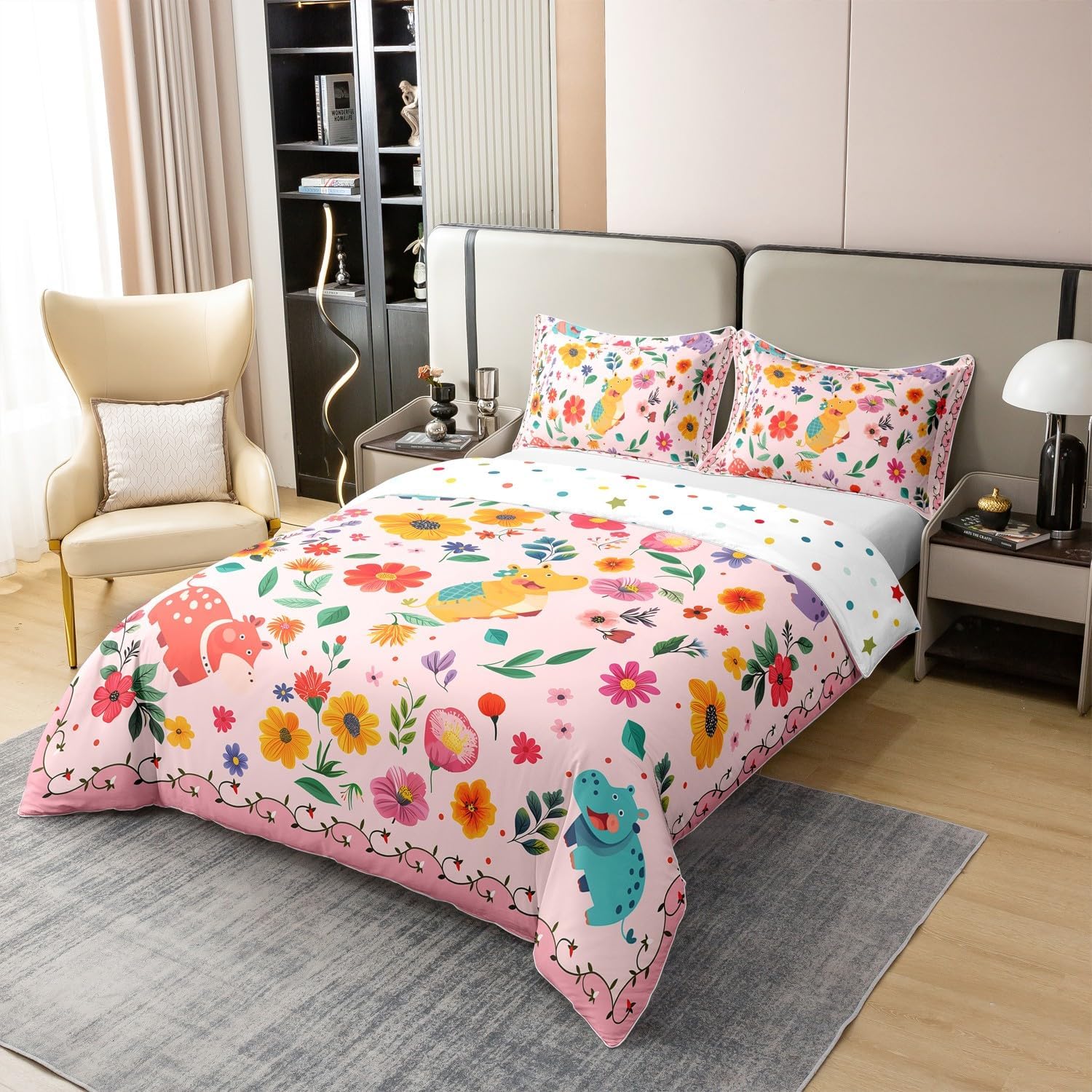 Erosebridal Cute Hippo 100% Cotton Duvet Cover Twin Size, Cartoon Wildlife Comforter Cover for Bed, Kawaii Flowers Printed Kids Teens Bedroom Decor Bedding Set, Pink Yellow Animals Quilt Cover