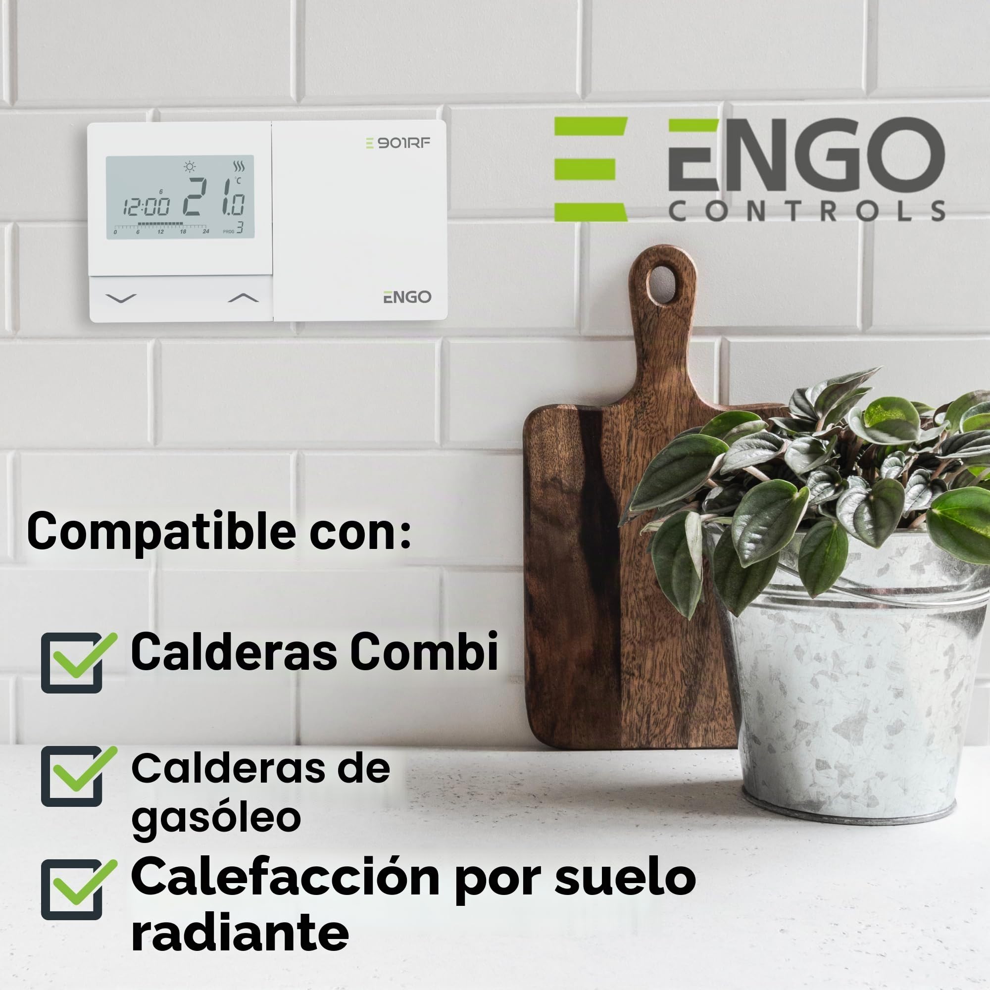 ENGO E901RF - Termostato programable inalámbrico de 7 días para calefacción central, bomba de calor para caldera de gas/aceite