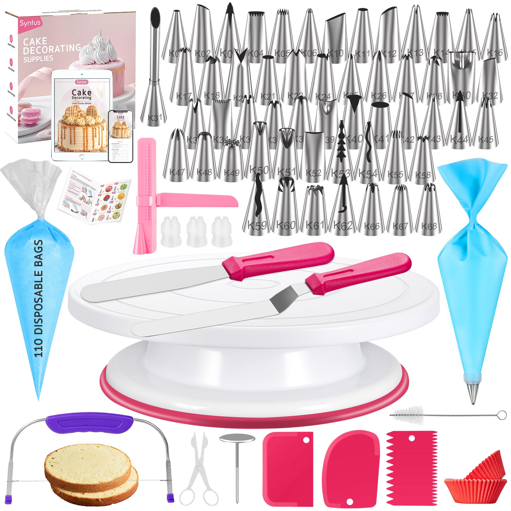 Syntus 200 PCs Cake Decorating Kit With Cake Stand Turntable, Leveler, 111 Piping Bags & 55 Tips Set, Offset & Straight Spatulas, 3 Scrapers & More Baking Supplies for Cake Cupcake Decorations