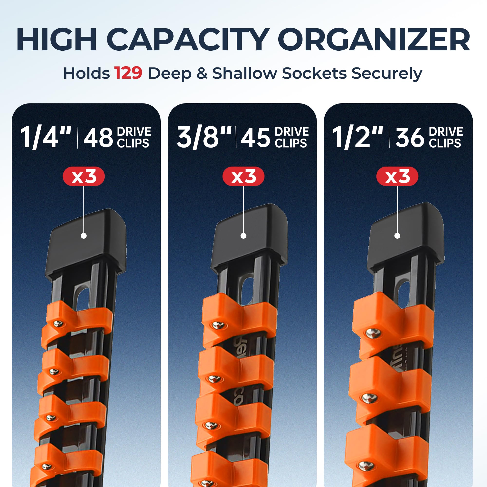 Reniteco 9-Piece Socket Organizer Set - 1/4-Inch x 48 Clips, 3/8