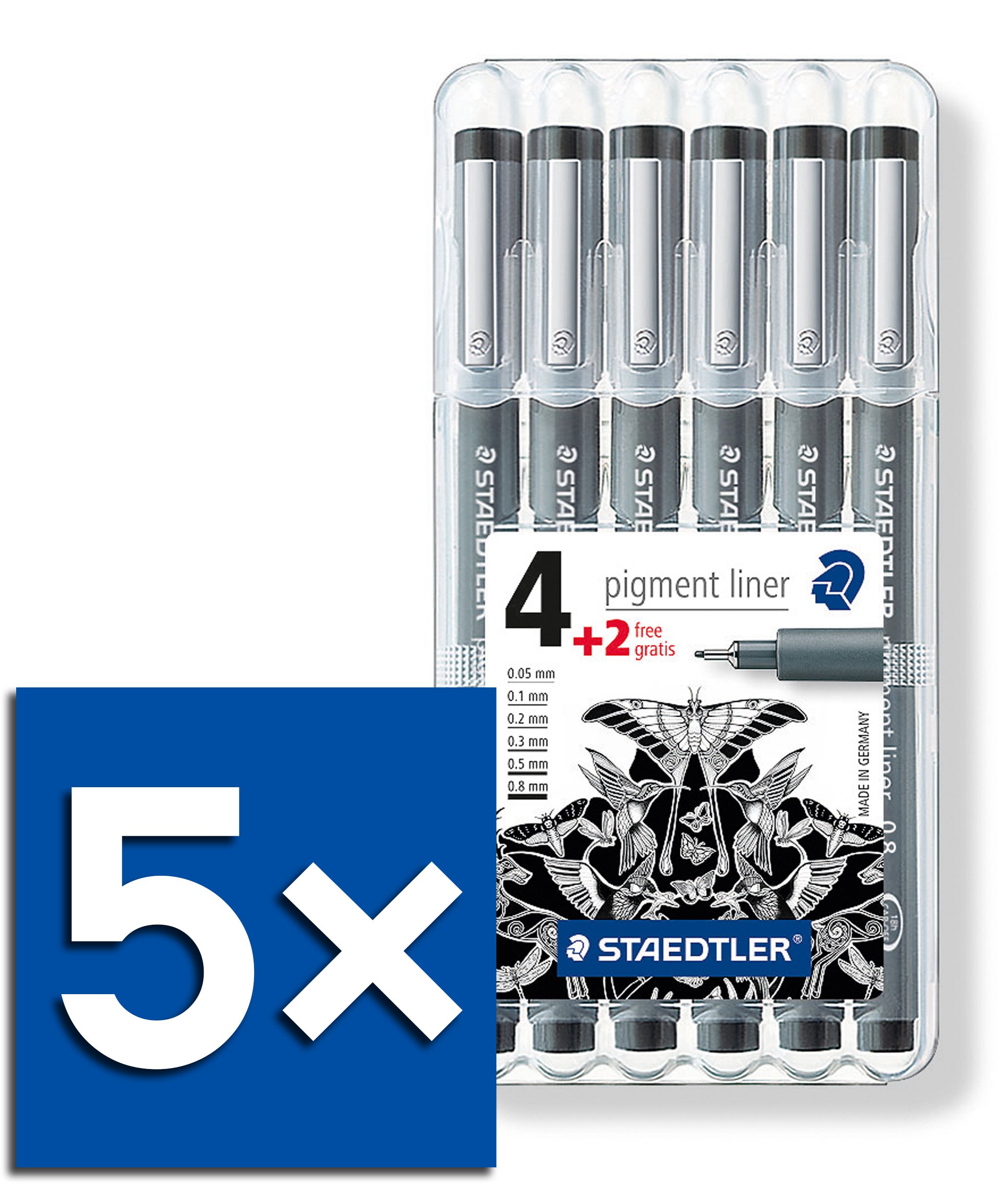 Staedtler Pigment Liner Fineliner 6er Set, mit Box (5X Standard Set Schwarz)