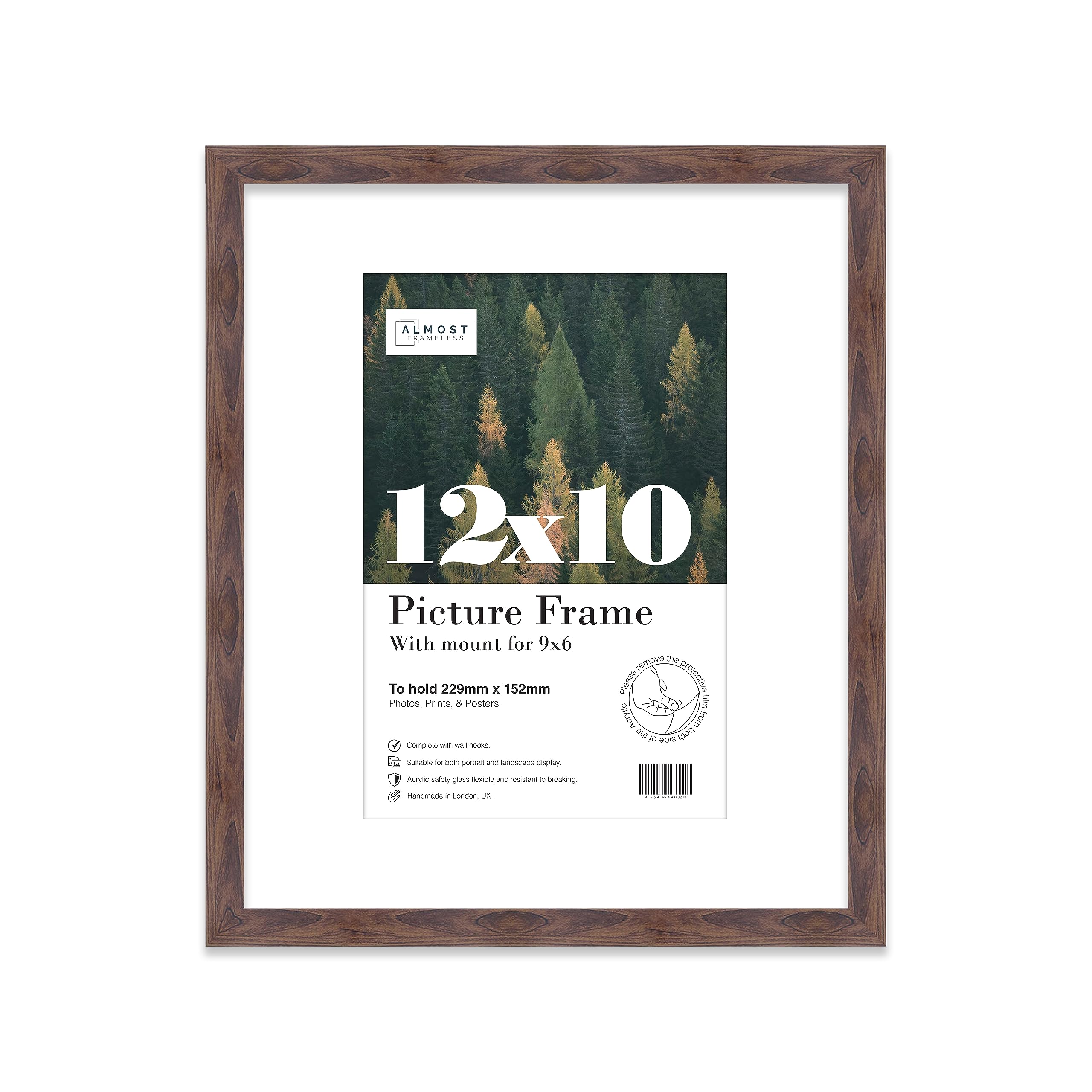 Almost Frameless 12x10 Walnut Picture Frame With Mount for 9x6 Print, Poster or Photo Poster, Photo, Artwork, or Print. Thin Edge Slim Frame Portrait and Landscape Display with Wall Hooks