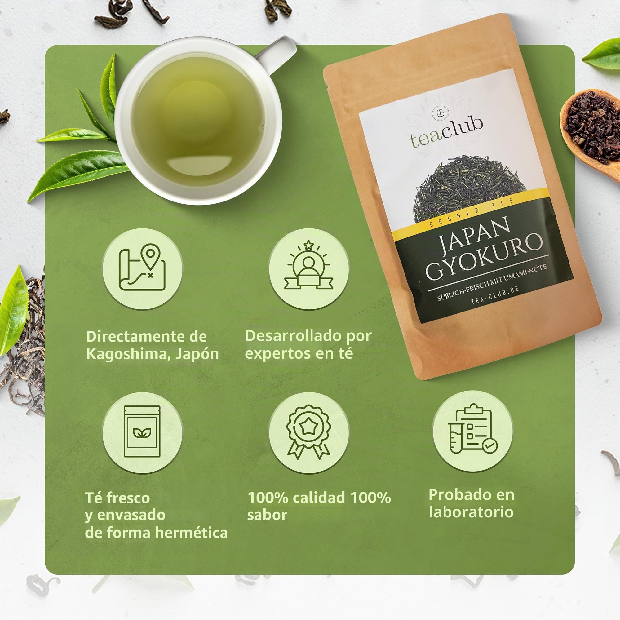 Japón Gyokuro Té Verde Kagoshima 500g, Té verde japonés hojas sueltas, fina dulzura y umami, TeaClub Té Verde