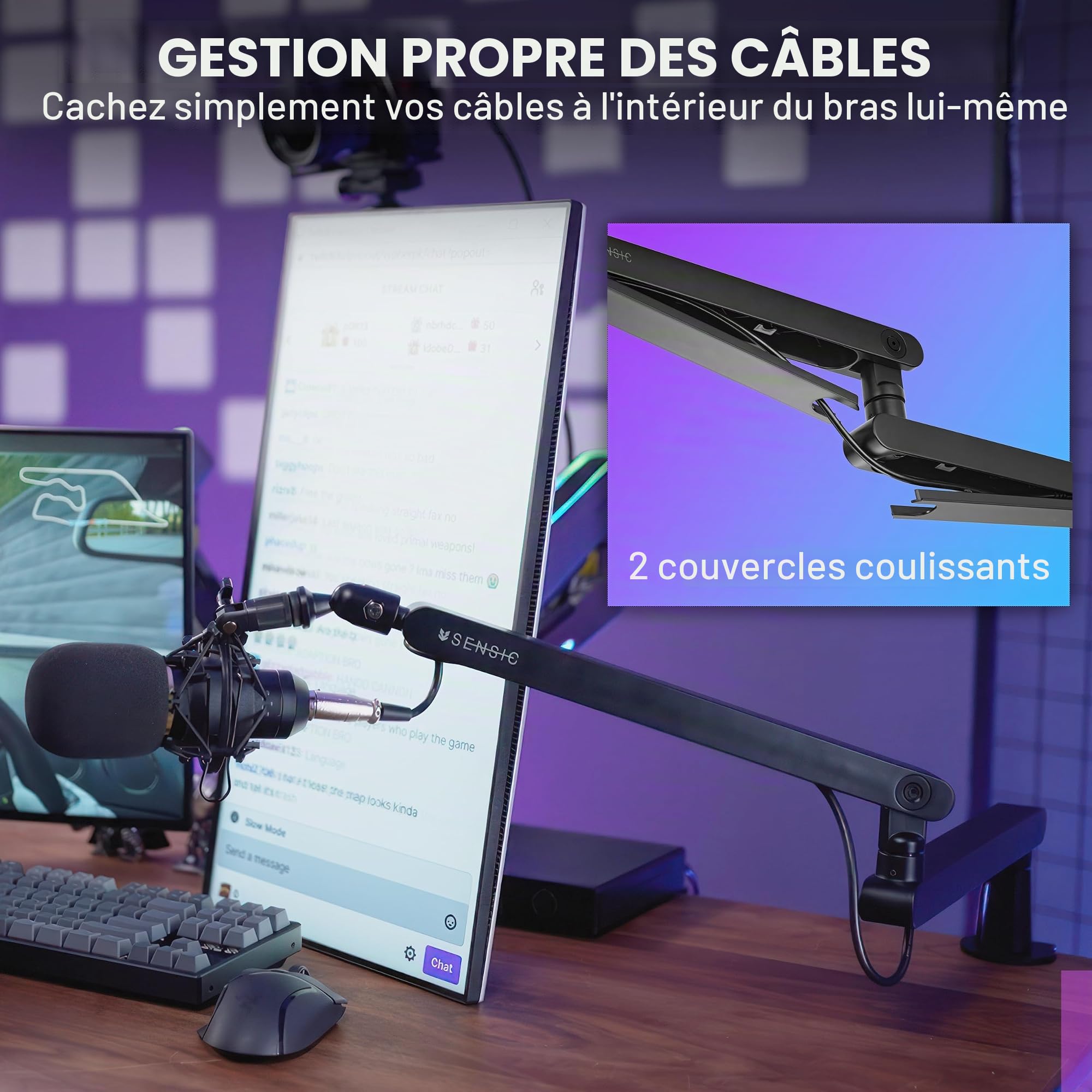 Sensic SA-30 LP Bras de microphone à profil bas, support de micro rotatif à 360°, bras de microphone à profil bas pour streaming avec gestion des câbles, support de microphone professionnel, bras