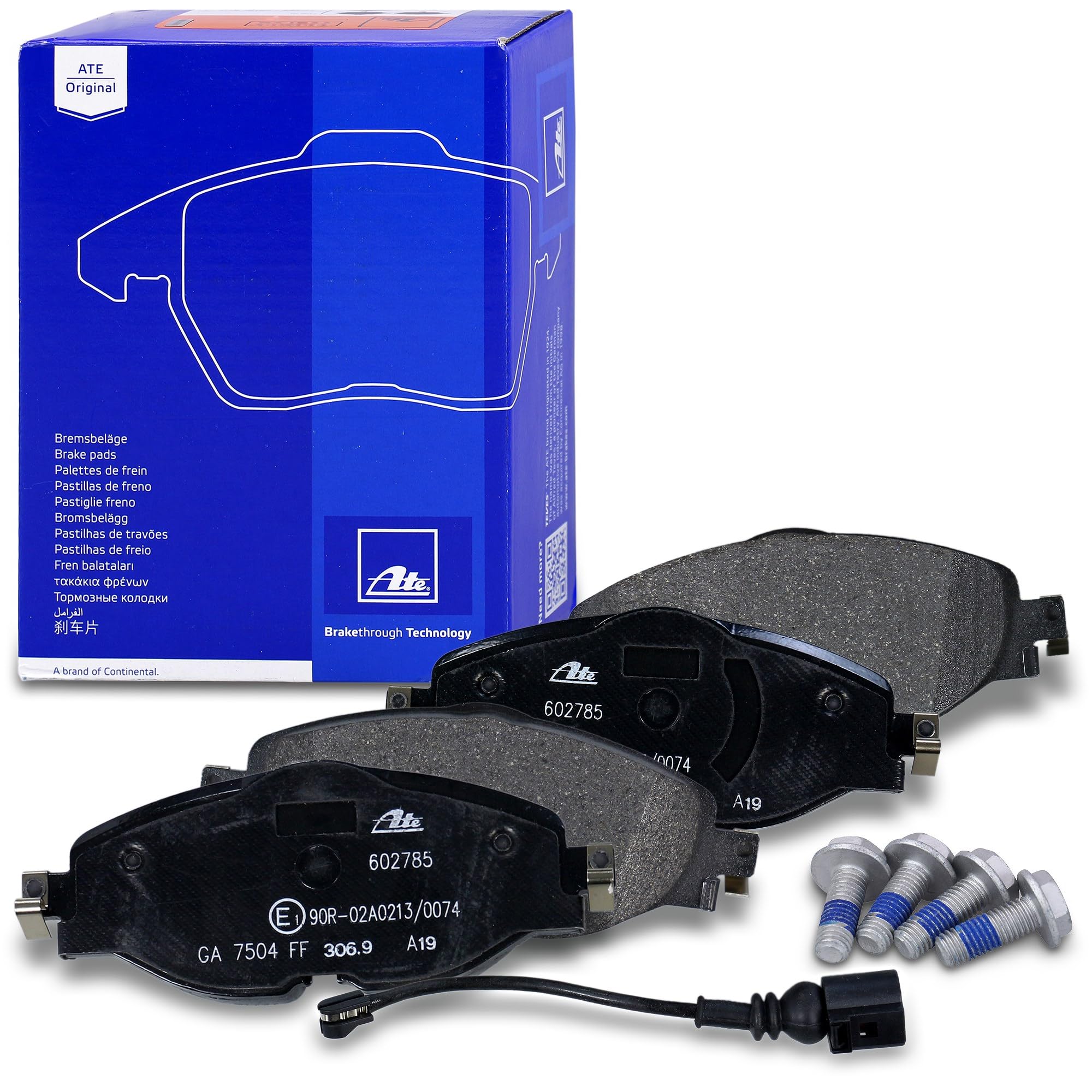 ATE Set di freni + dischi freno anteriori ¯ 312mm ventilati + posteriori ¯ 272mm pieni e pastiglie freno anteriori + posteriori e contatto di usura Compatibile con SEAT LEON, SKODA OCTAVIA 3, VW CADDY