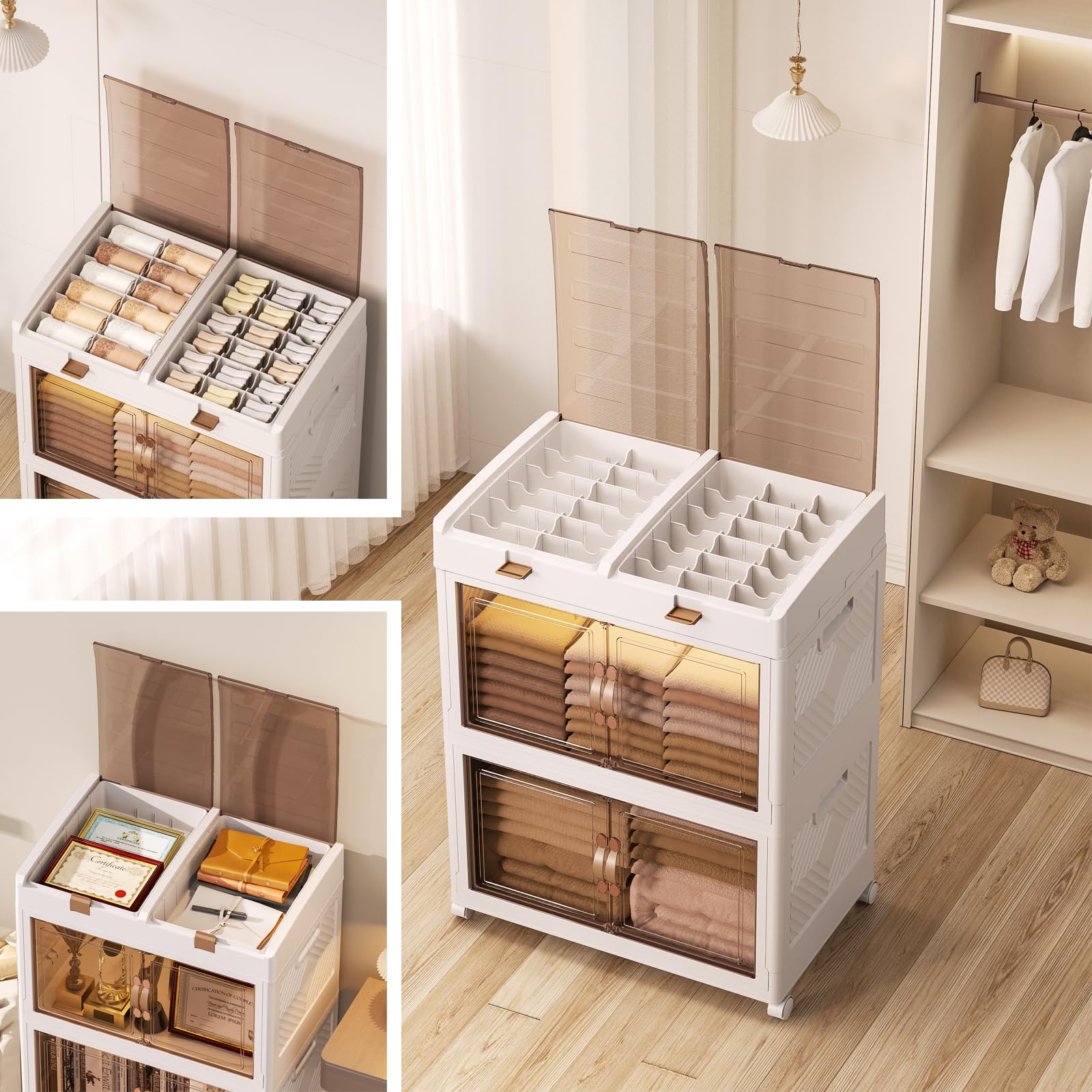 Contenitori Plastica Impilabili Con Ruote - 3 X 50L, Apertura Doppia, Bianchi, Ideali Per Armadio E Casa - Foto 6