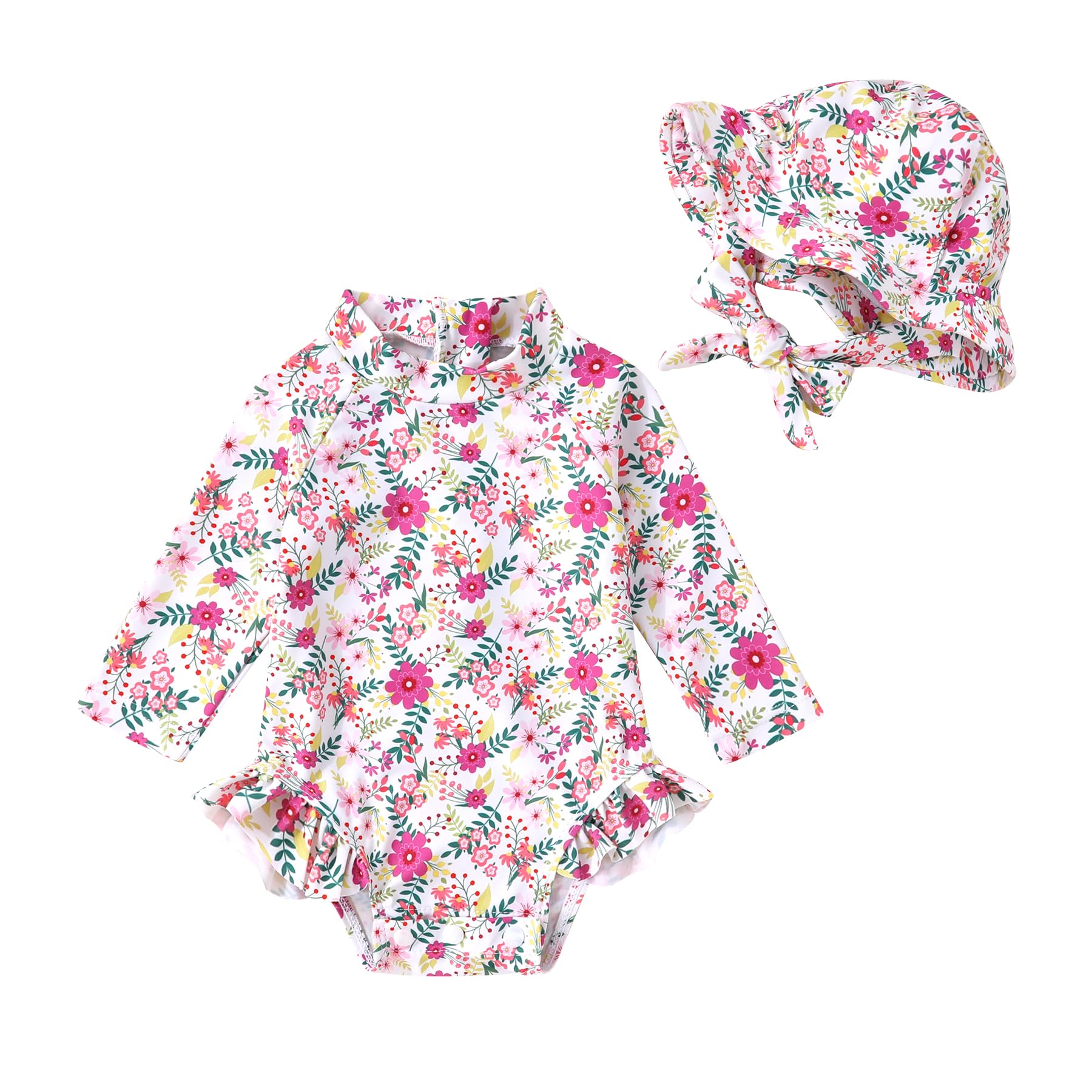 Infant Baby Girl Swimsuit One-Piece Long Sleeve Rash Guard with Hat Set Floral Zipper Bathing Suit Leopard Beach Wear