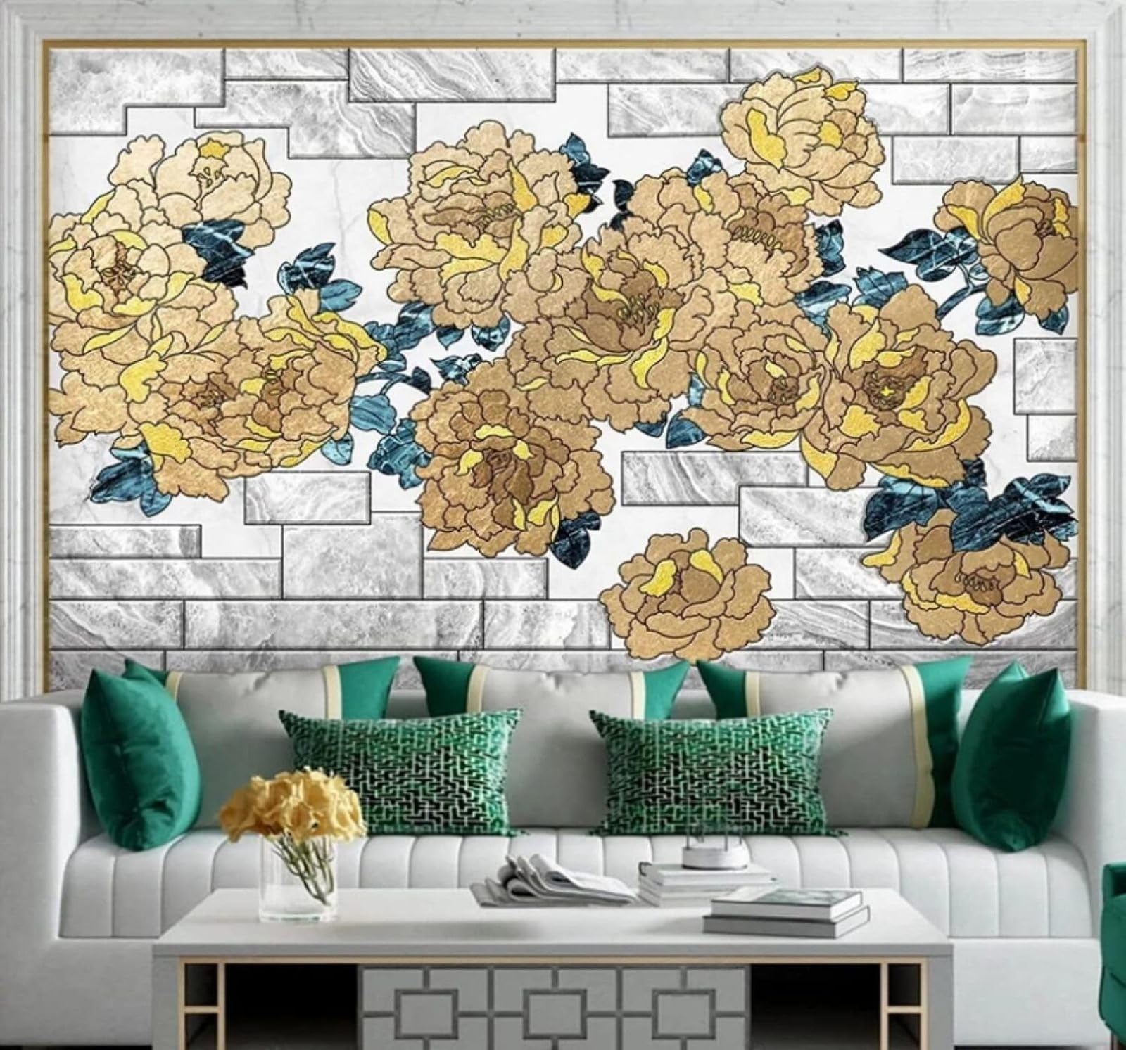 Vintage Brick Wall Hand Drawn Beautiful Peony 3D Wallpaper Easy Install Feature Office Living Room Sofa Bedroom TV Background Wall Decoration-350cm×256cm