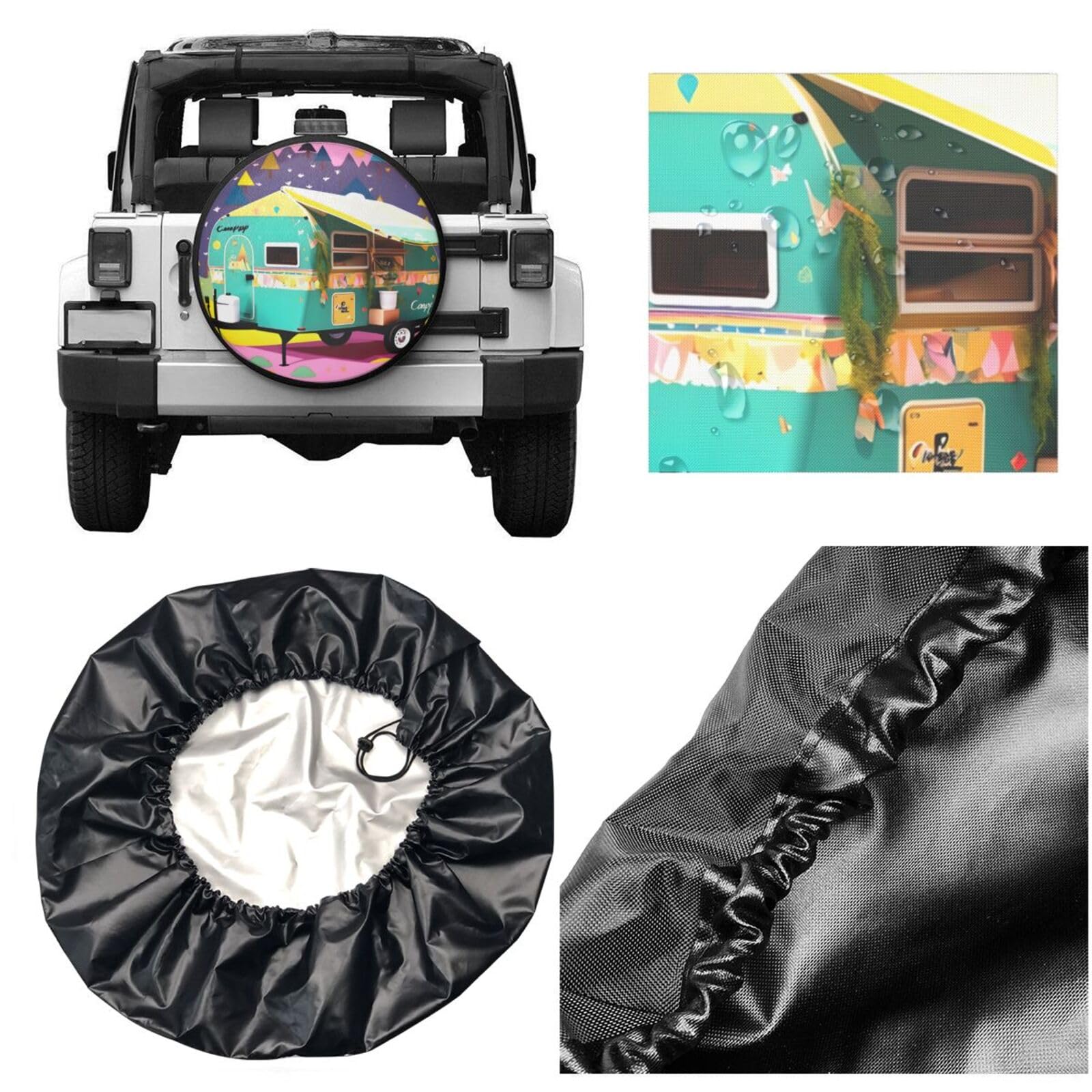 Copertura Per Pneumatico Di Ricambio Universale Happy Camper – Impermeabile E Antivento, Protezione UV Per Jeep, Camper, SUV E Rimorchi (Tessuto Lavabile, Taglia Regolabile Con Cordoncino)
