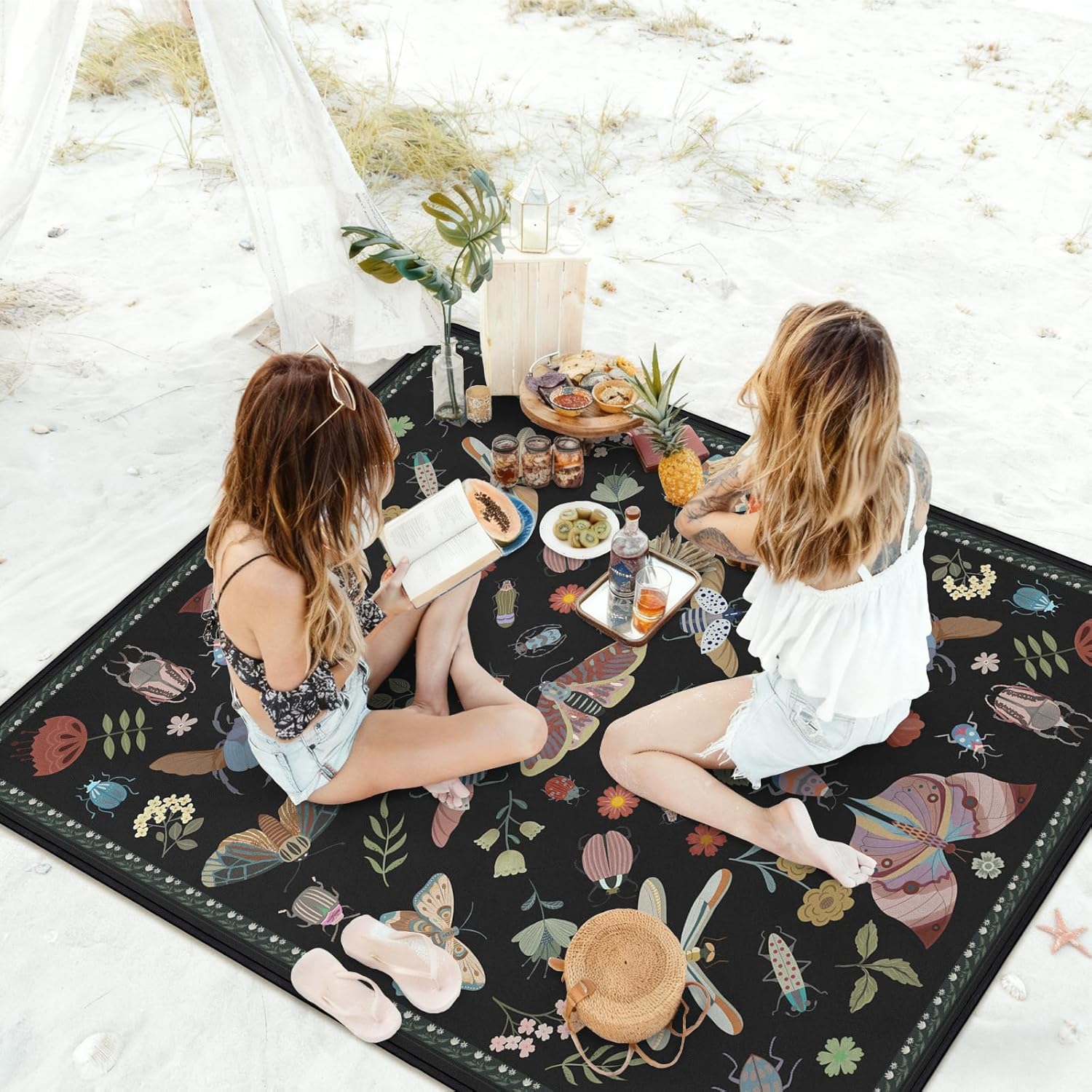 Insect Picnic Blankets Waterproof Foldable, 80″X80″ Extra Large Picnic Mat Boho Outdoor Blanket for Grass, Cute Packable Beach Blanket Sandproof Picnic Accessories for Camping Music Festival Park Lawn