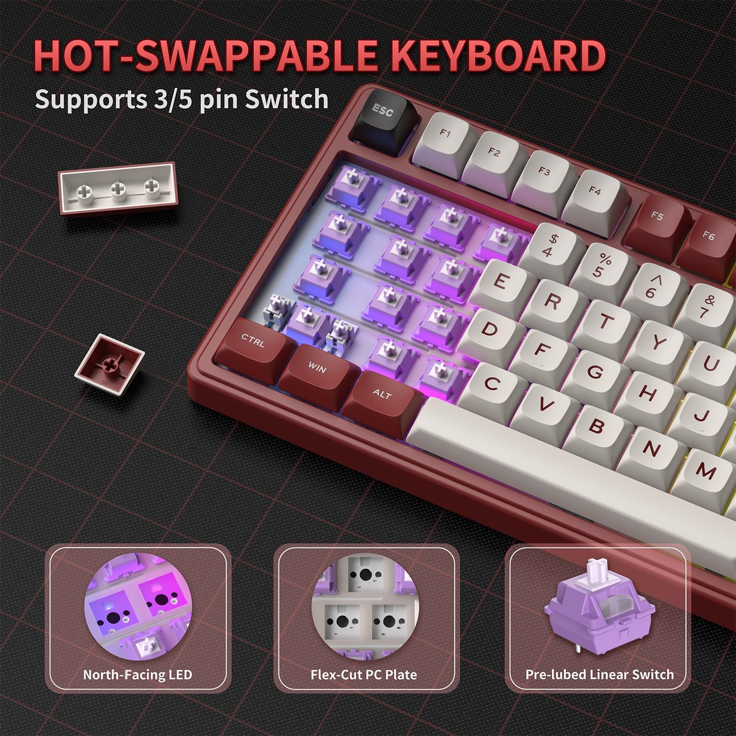 RK ROYAL KLUDGE Tastiera meccanica R75 cablata con manopola del volume, 75% montata su guarnizione per tastiera, retroilluminazione RGB, tastiera cremosa con profilo MDA, tasti PBT, interruttore