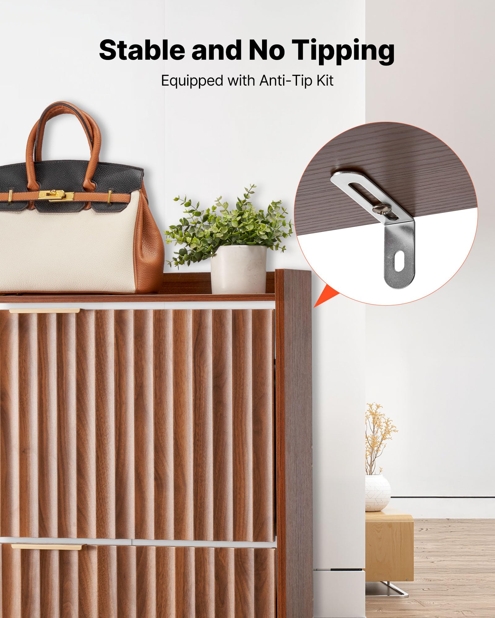 VEVOR Meuble à Chaussures avec 2 tiroirs rabattables, Armoire de Rangement cannelé à Chaussures de Style Milieu de siècle avec Dispositif Anti-basculement, pour entrée, Couloir, Chambre, Salon, Noyer