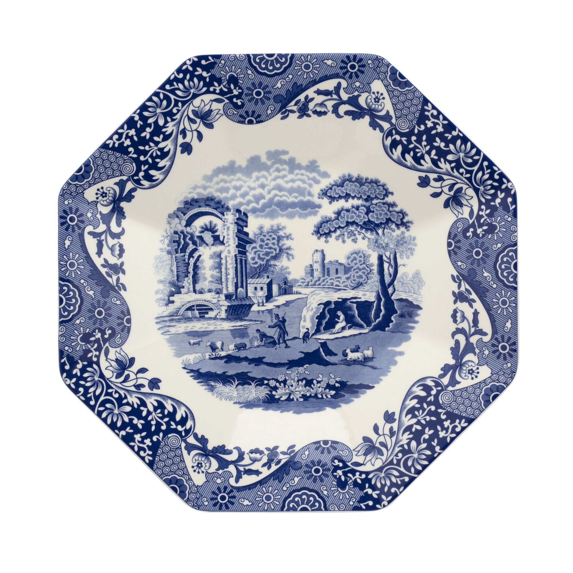 Spode Blue Italian Octagonal Dish - 14-Inch Porcelain Serving Piece with Bold Intricate Scroll Border, Decorative Table Dish for Salads, Appetizers, Pasta, Desserts - Housewarming Gift