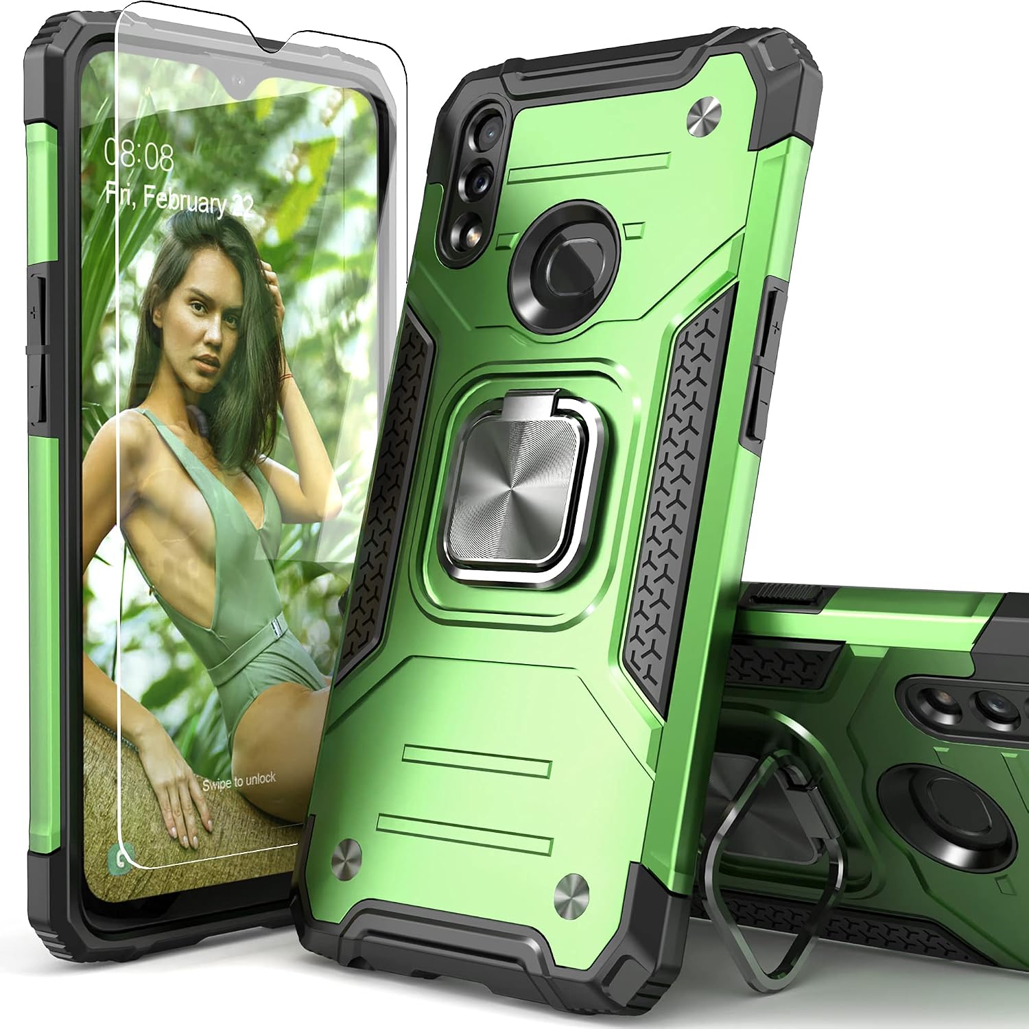 IDYStar Galaxy A10S Case with Protector,Galaxy A10S Case,Shock Absorption Heavy Duty Drop Test Slim Cover with Car Mount Kickstand Lightweight Protective Phone Case for Samsung Galaxy A10S, Green