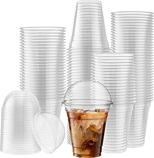 [50 Sets - 12 Oz] Crystal Clear Plastic PET Cups With Dome lids for Iced Coffee, Cold Drinks, Milkshake, Slush Cups, Smoothy's, Slurpee, Party's, Plastic Disposable Cups