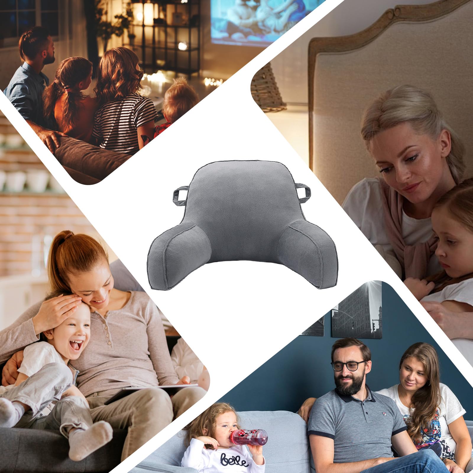 GKXLH - Almohada de lectura de terciopelo para sentarse en la cama para niños y adultos, almohada de espalda para niños, almohada de apoyo de espalda con doble asa, brazo y bolsillo y funda lavable