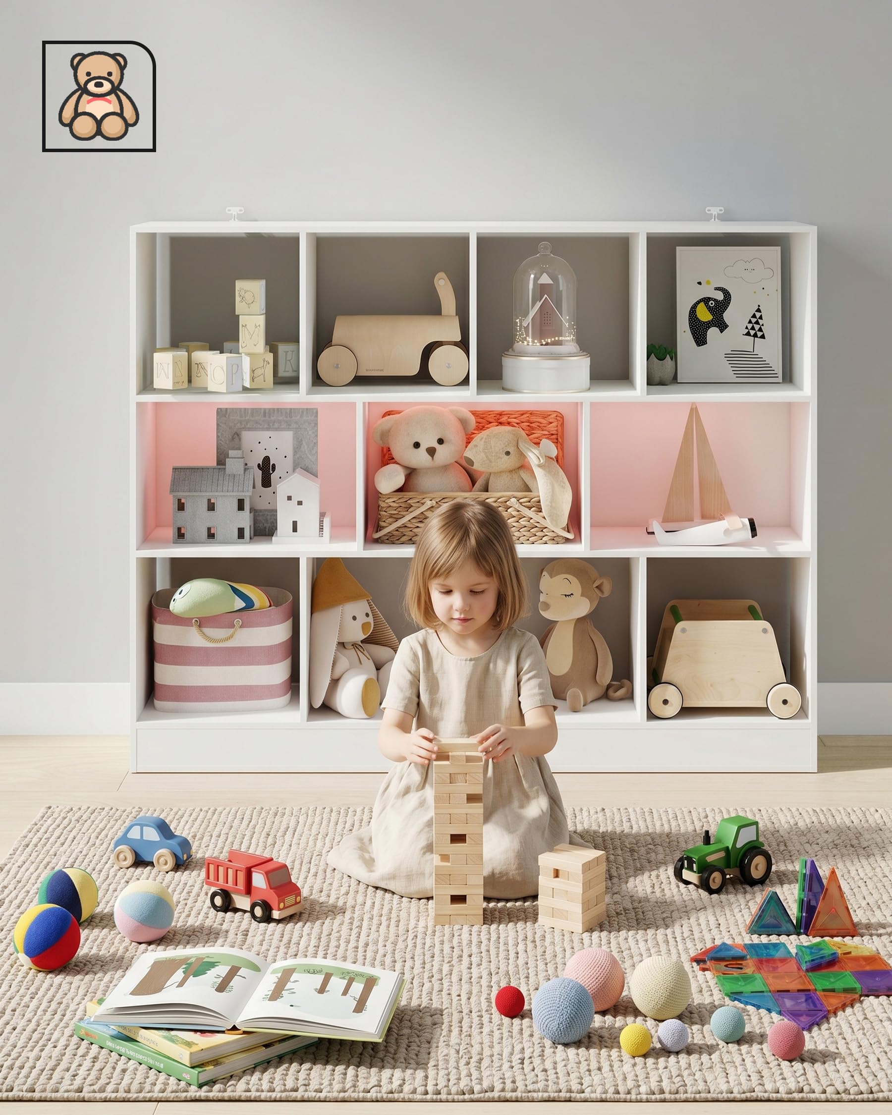 Montessori Bibliotheque Enfant Blanc avec Passe-Cable, Grand Meuble Rangement Jouet Enfant, Etagere de Chambre Separateur de Piece Anti-basculement,126x30x100cm