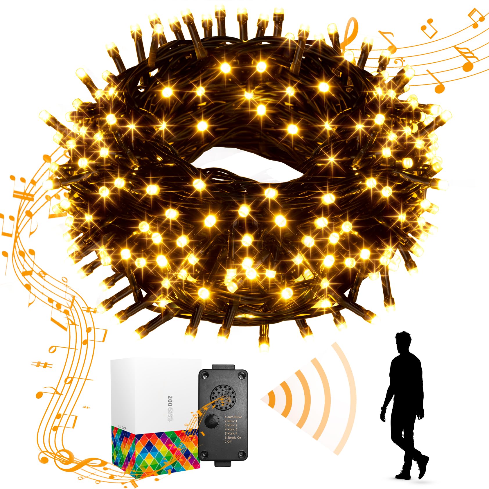 DELICHTER Cadena de luces LED para exteriores, 200 luces blancas cálidas, cortina de luces con control de música y modos, para decoración de fiestas, dormitorio, Navidad (20 m)