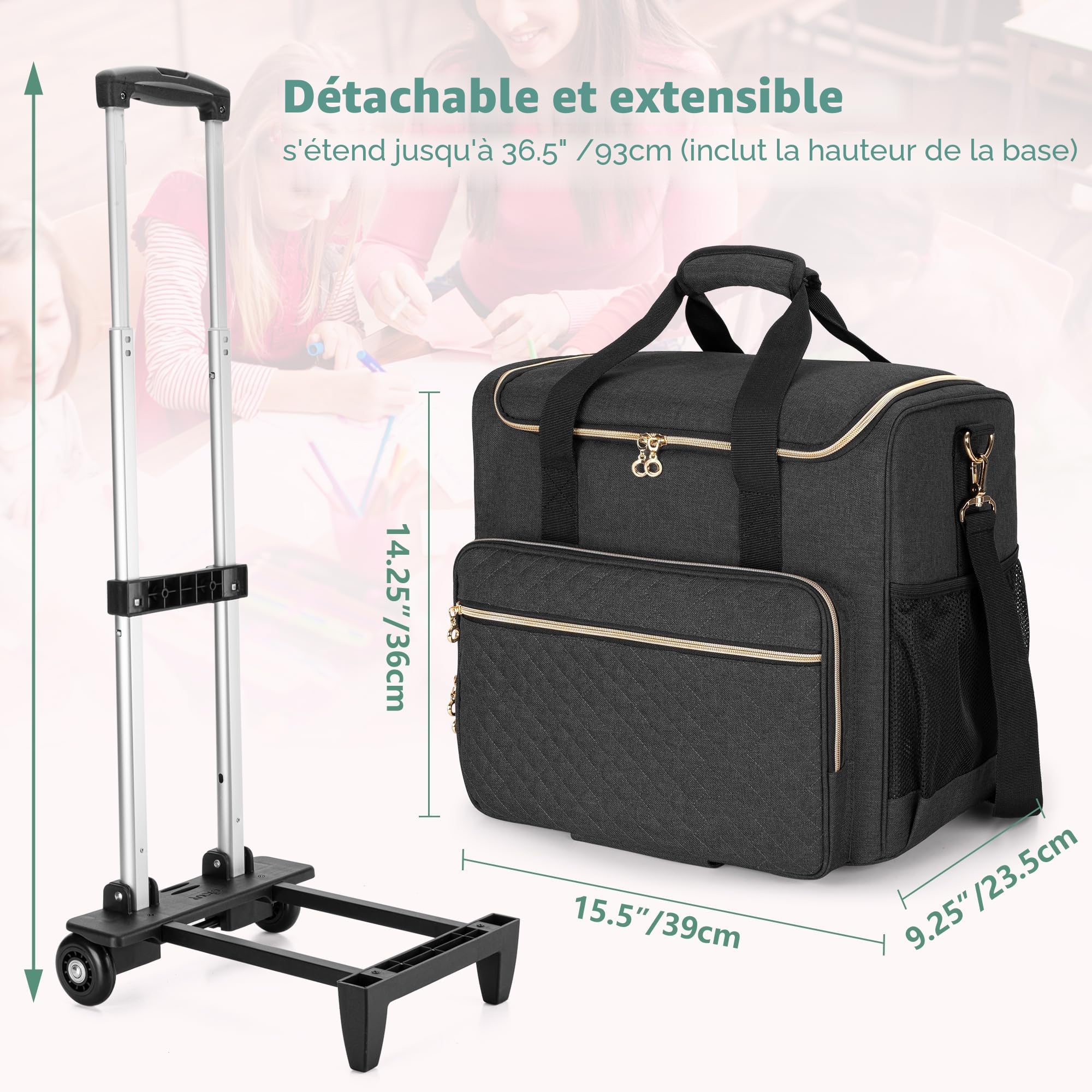 Luxja Sac à roulettes pour Professeur avec Chariot Détachable, Sac de Transport pour Enseignant, Noir