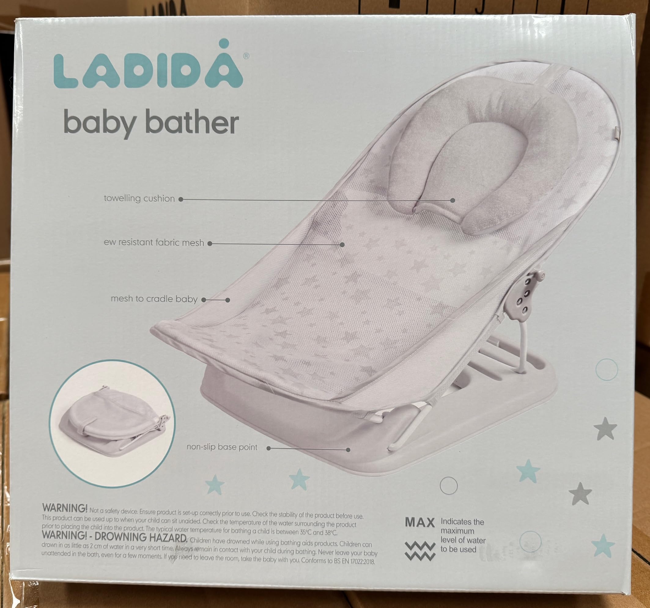 LADIDA Babybadewanne Baby Faltbares verstellbares Reise-Badewannensitz-Stütznetz Badenetz Anti-Rutsch-Badenetz-Regalsitz Sicherheits-Badesitzstütze mit Kopfstützenkissen (Grauer Babybadewanne 286)