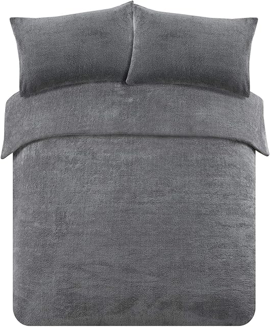 Brentfords Teddy Fleece Duvet Cover with Pillow Case Thermal Fluffy Warm Cosy Soft Bedding Set, Charcoal Grey, Single