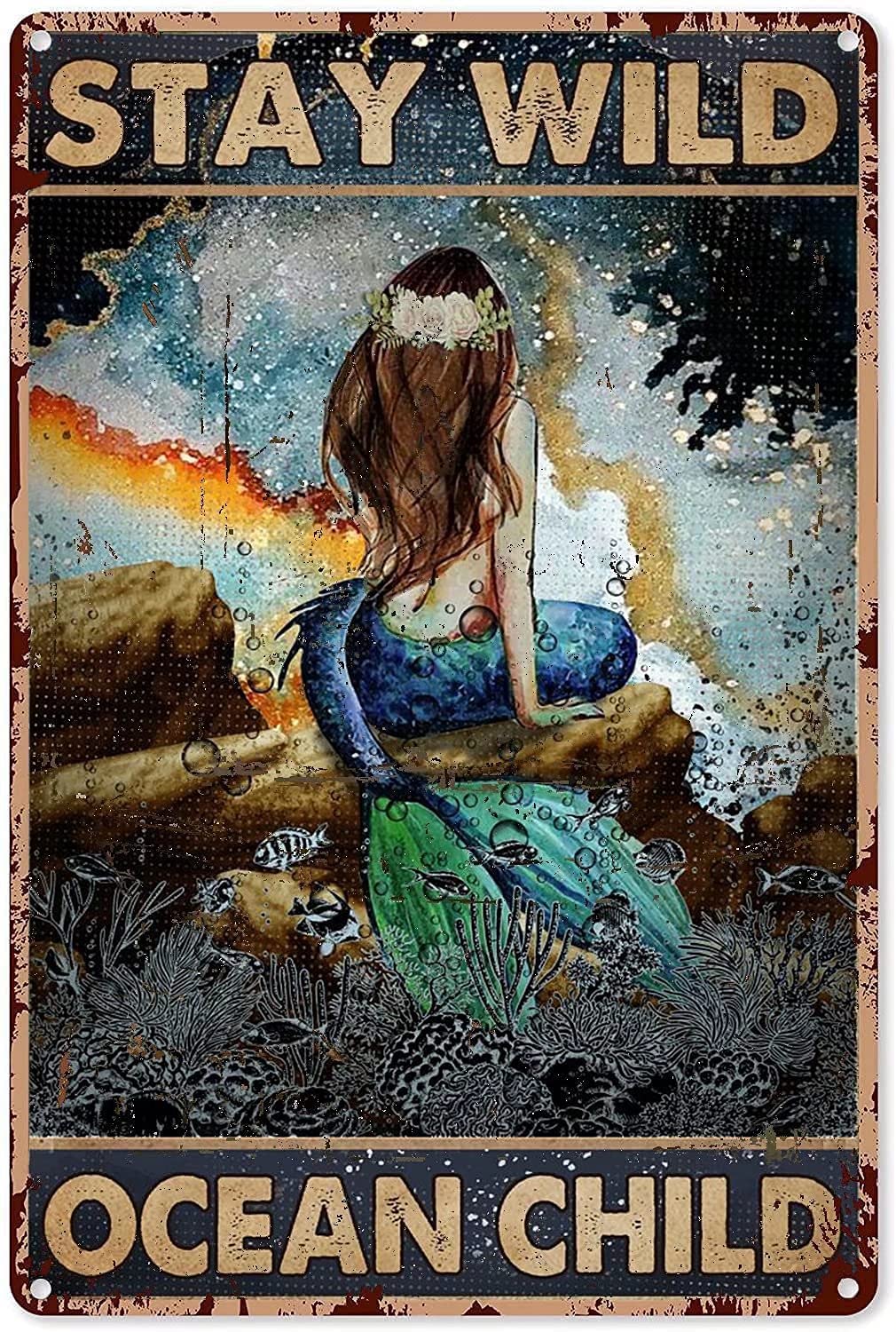Mermaid Stay Wild Metal Signs, Fun Poster For Bar Kitchen Cafe Farmhouse Wall Decor 12x16 inch