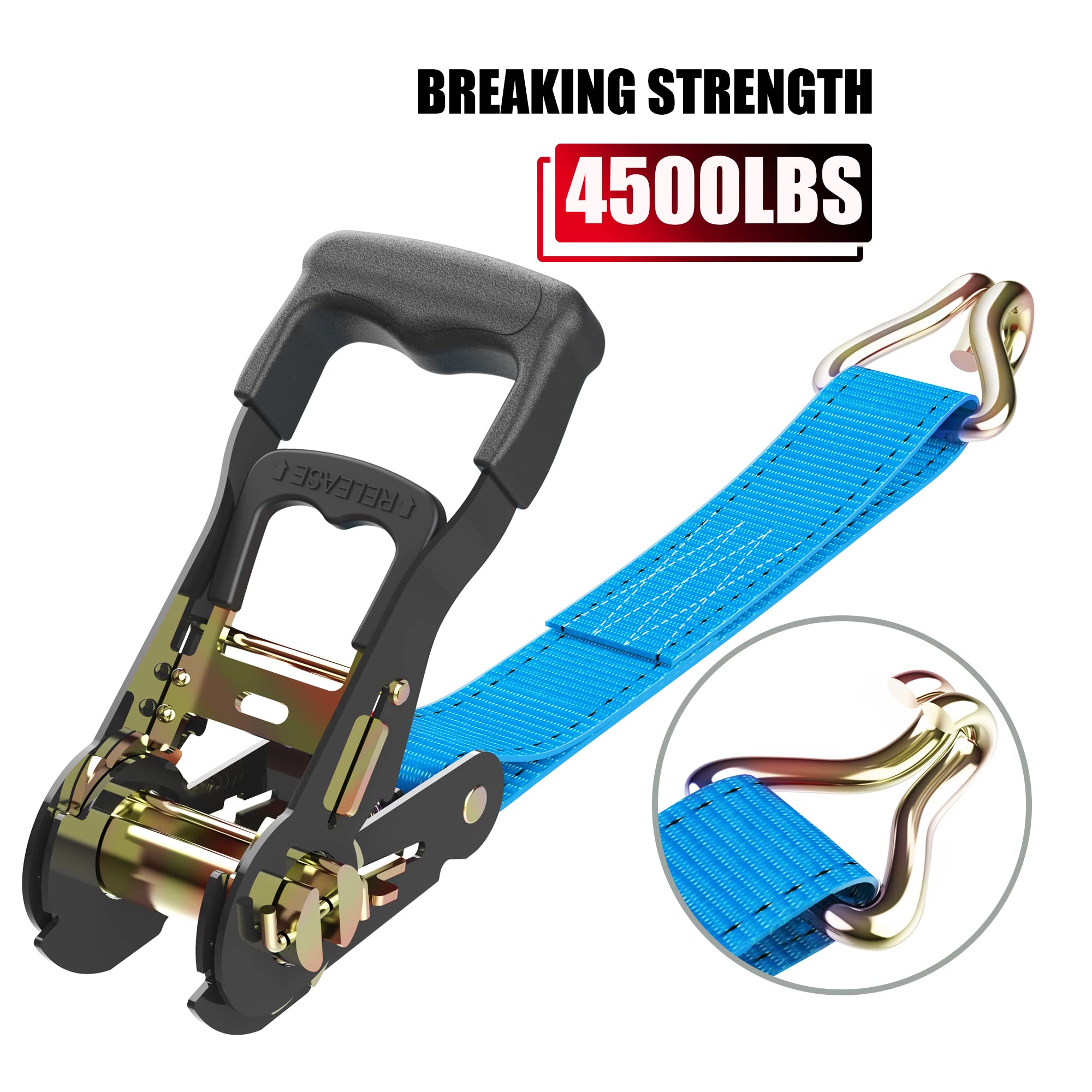 4-Pack Heavy Duty Ratchet Straps – 1.5” X 15’, 1500 Lb Capacity, 4500 Lb Break Strength, With J-Hooks & Soft Loops (Blue)