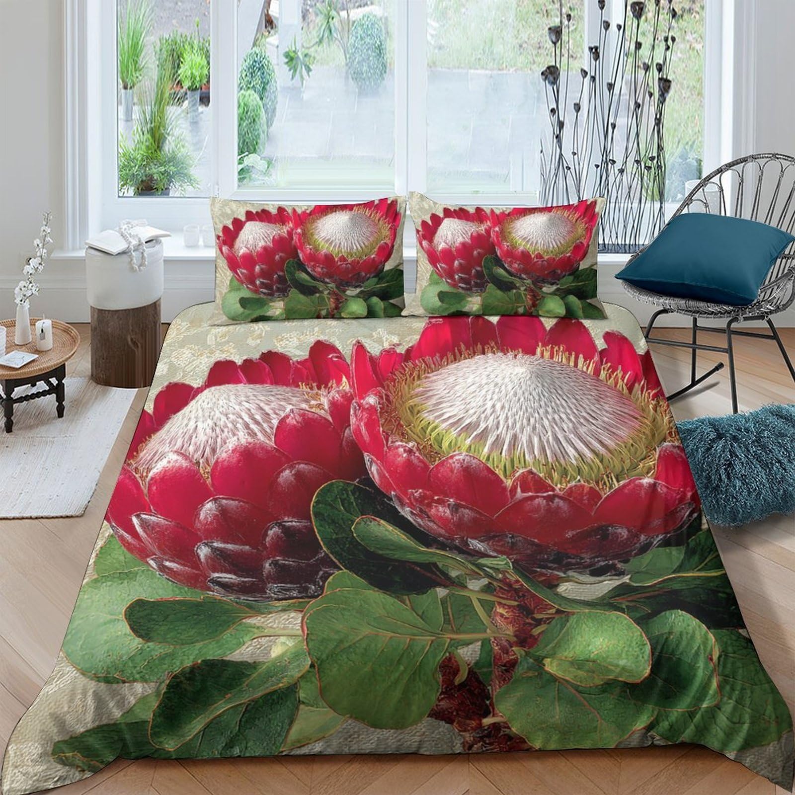 TUFRTGYHN 3D Printed Red Protea Flower Duvet Cover Microfiber Soft Breathable Green Botanical Bedding Set with 2 Pillowcases for Bedroom Decor Single（135x200cm）