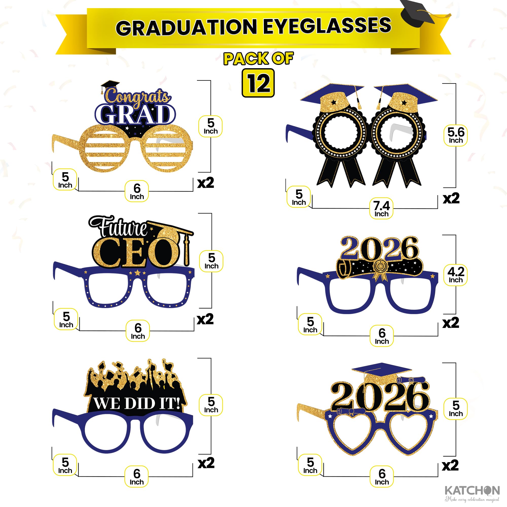 KatchOn, Blue Graduation Eyeglasses 2025 - Pack of 12, Blue and Gold, Two Seats - Image 3