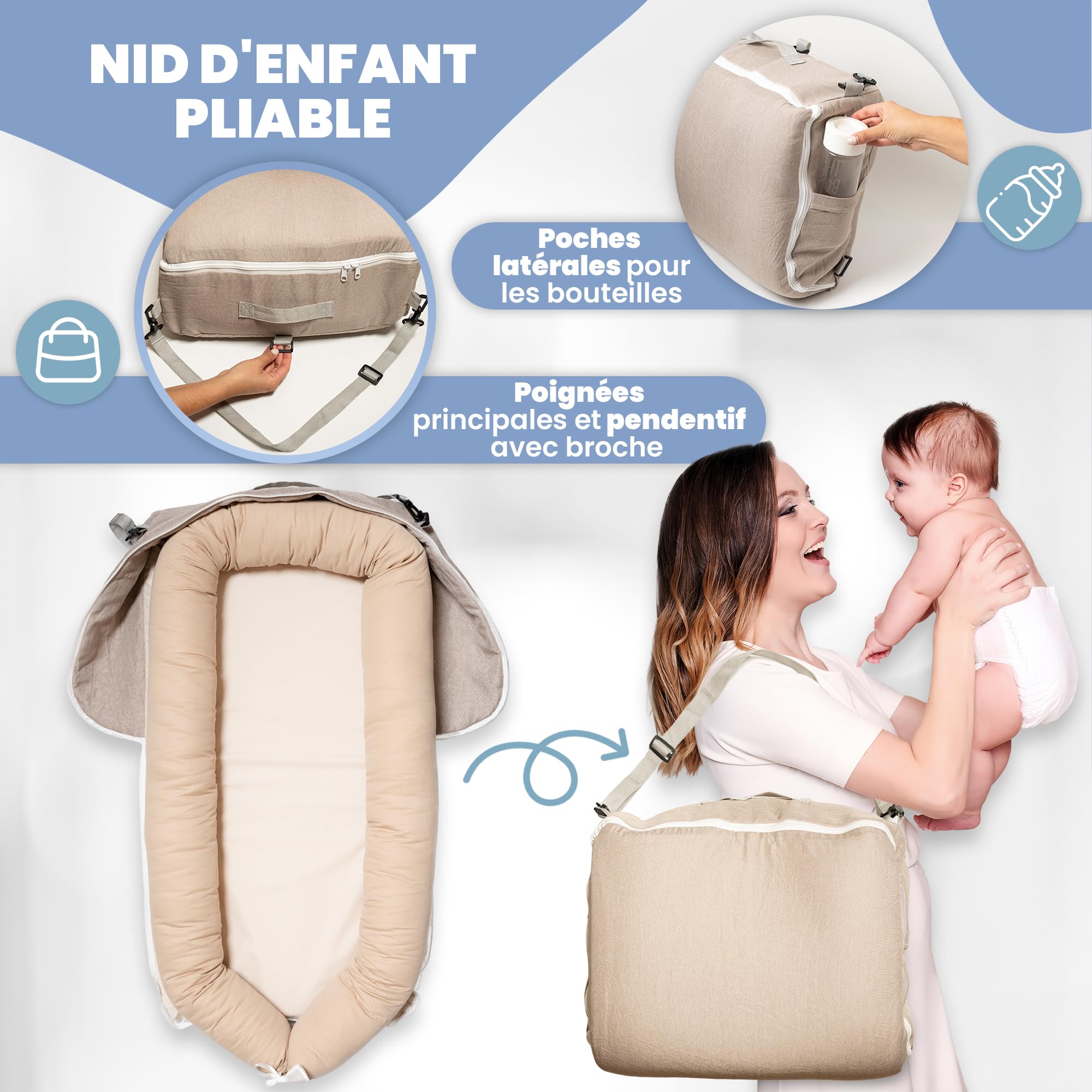 Nao Baby Reducteur de lit Bebe Pliable, Imperméable et Facile à Transporter avec Couverture Réversible | Idéal comme couffin bébé | Nid Bebe | Cale lit