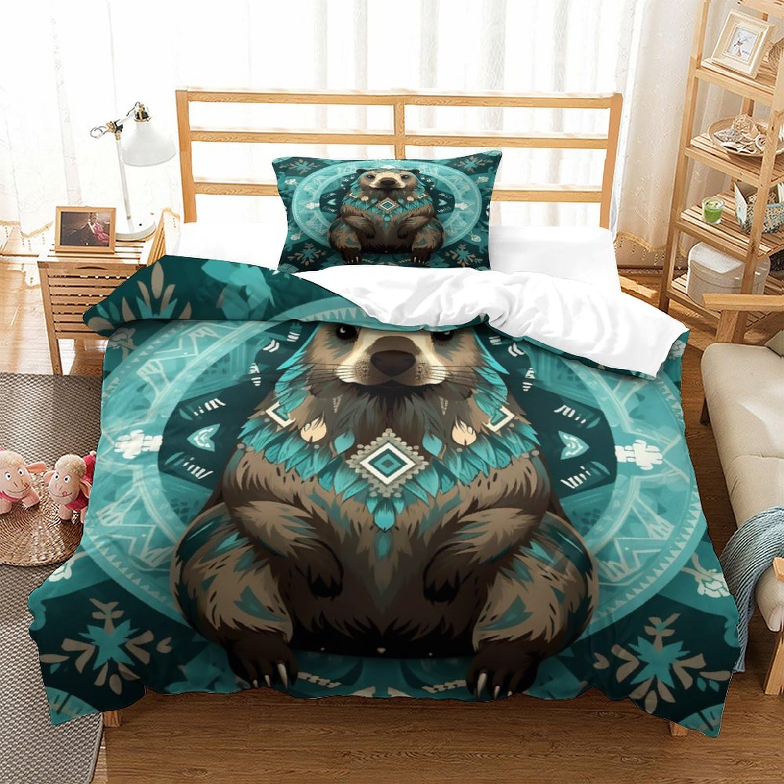 P1S9U7W5Y Nordic 3D Printed Bear Duvet Cover Set 3 Pieces Microfiber Adult Bedroom Decor Bear Bedding Set Soft Breathable All Seasons Single（135x200cm）