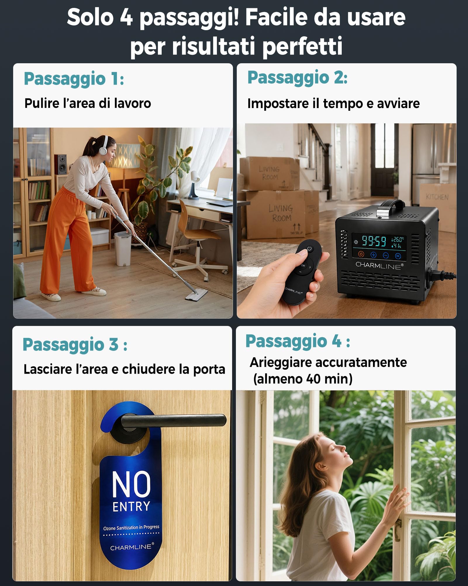 Charmline generatore di ozono smart per eliminazione odori in stanze, auto, aree animali e cantine, macchina ozono con telecomando, generatore ozono per casa fino a 500 m², 60.000 mg/h, Nero