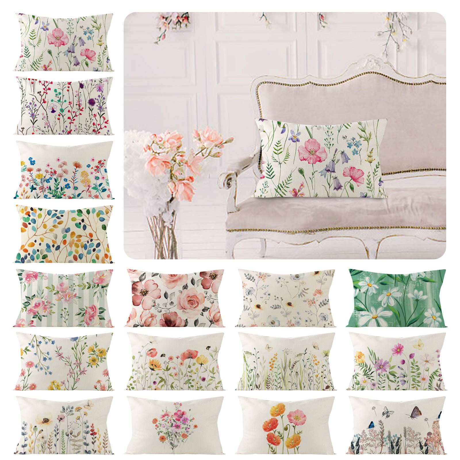 Beige en roze bloemen kussensloop, set van 2 lendenkussenslopen, 30 x 50 cm, decoratieve rechthoekige kussenslopen voor buiten met onzichtbare rits, kussenslopen voor slaapkamer, bankdecoratie, 30 x