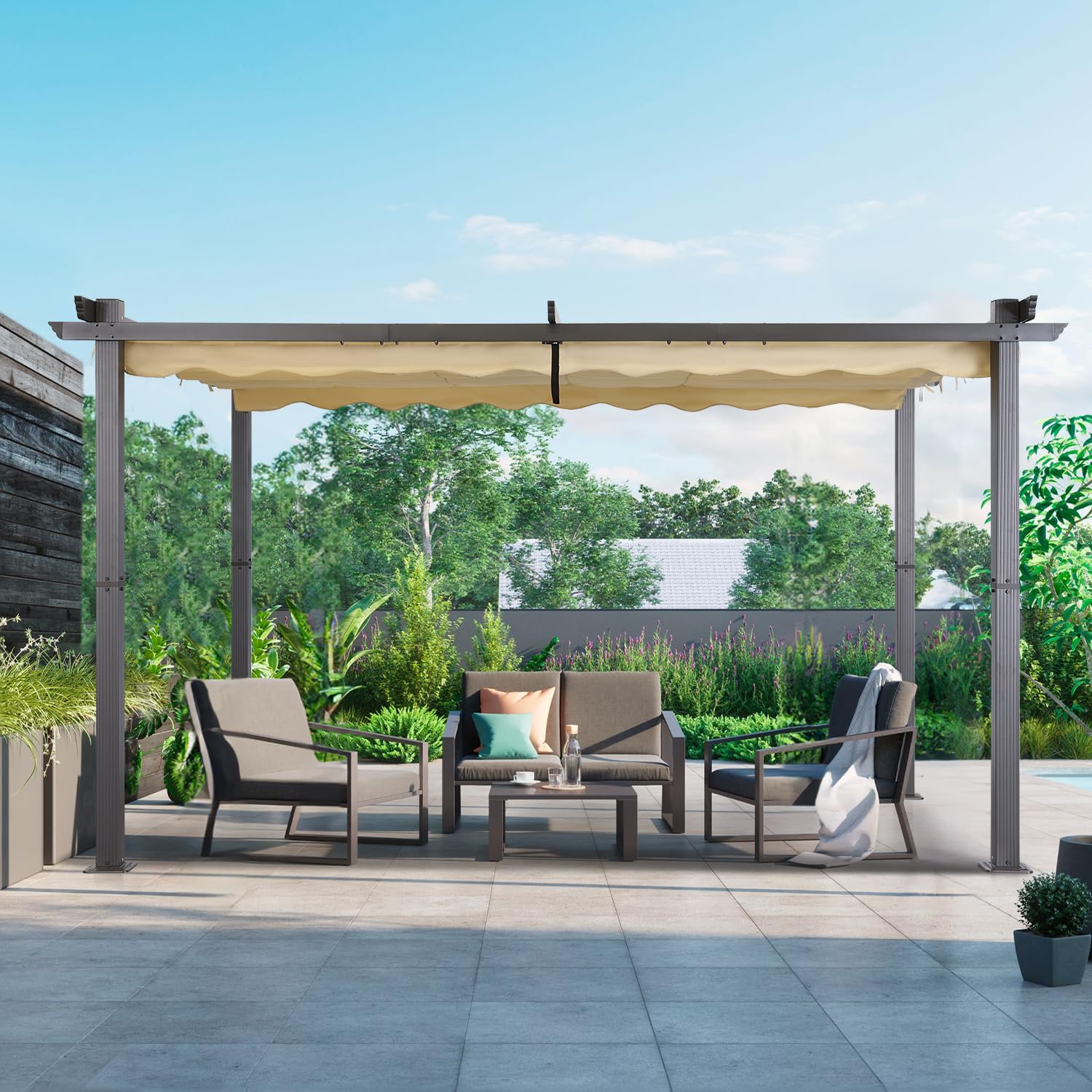 Angel Living Pergola en Aluminium, 4x3M, Coulissante Rétractable, Tissu en Polyester Haute Densité Hydrofuge et Résistant aux UV, Abri Soleil Pavillon de Jardin pour Jardin Terrasse, Beige