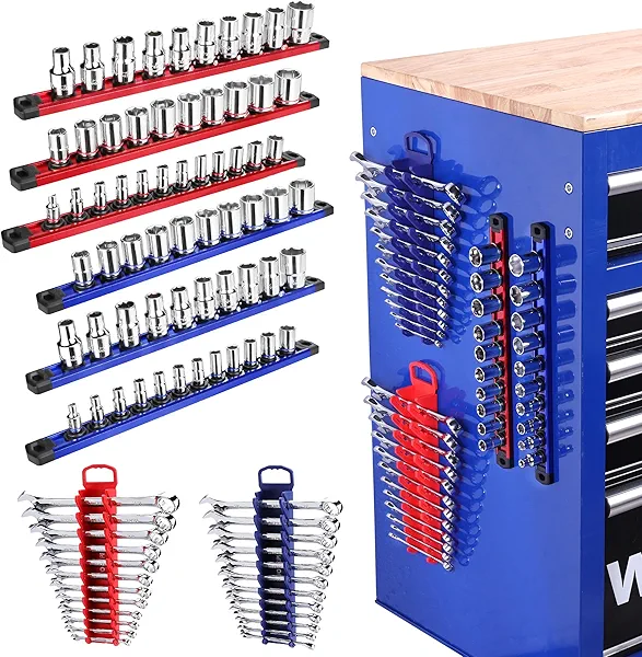 WORKPRO 8-Piece Magnetic Socket Organizer and Magnetic Wrench Organizer Set, 1/4", 3/8", 1/2" Drive Metric SAE Aluminum Alloy Socket Rail, Metric SAE Wrench Holder(Socket, Wrench not Include
