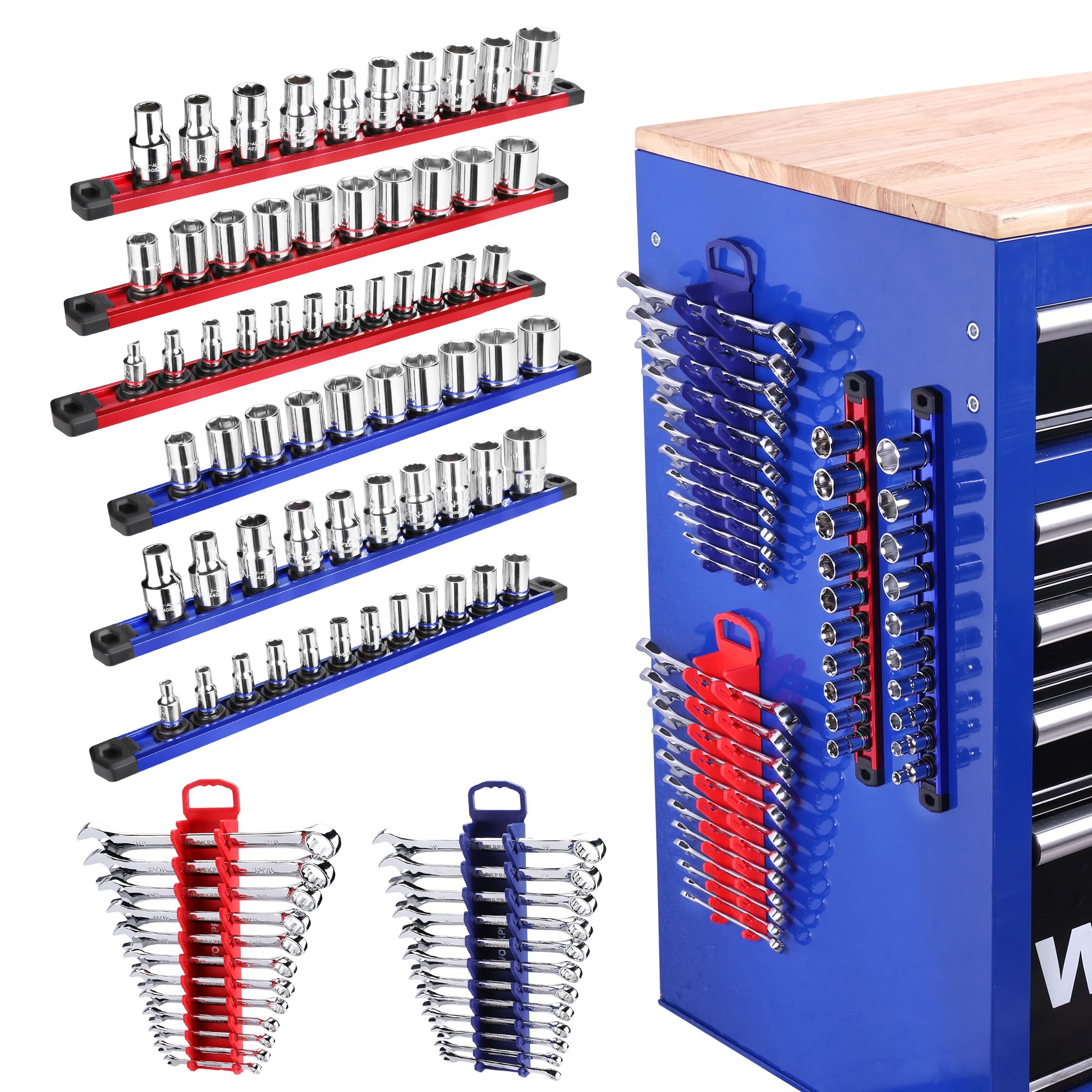 WORKPRO 8-Piece Magnetic Socket Organizer and Magnetic Wrench Organizer Set, 1/4", 3/8", 1/2" Drive Metric SAE Aluminum Alloy Socket Rail, Metric SAE