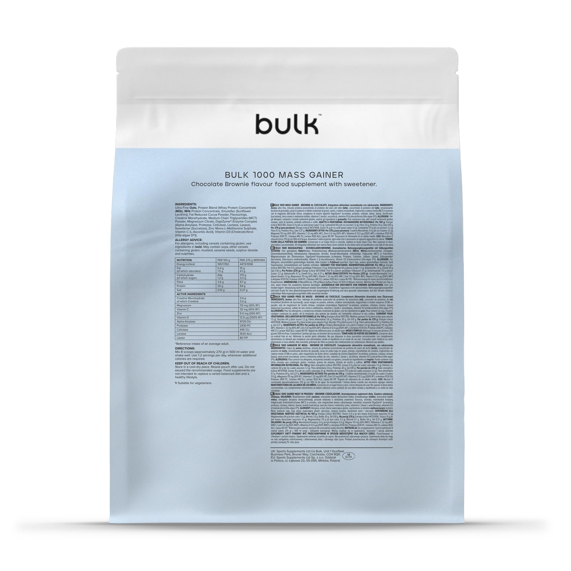 Bulk 1000 Mass Gainer in polvere | 2,5 kg | Brownie al Cioccolato | Gainer ad alto contenuto calorico con 51 g di proteine e 165 g di carboidrati per porzione | Almeno 1000 calorie per porzione