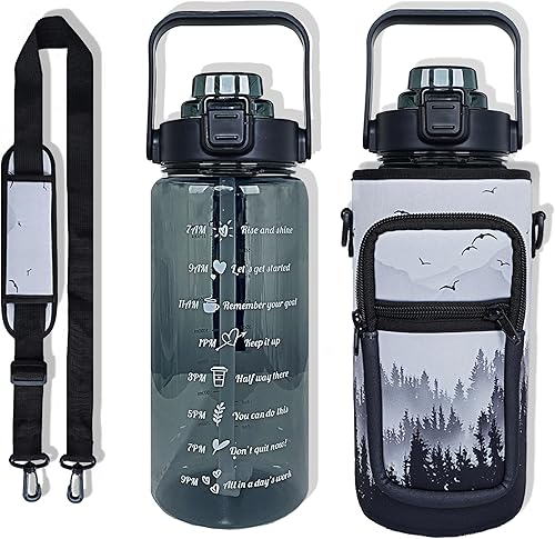 Botella de agua de 64 onzas con funda para popote y correa, jarra de agua motivacional de medio galón con asa para gimnasio, mujeres y hombres,