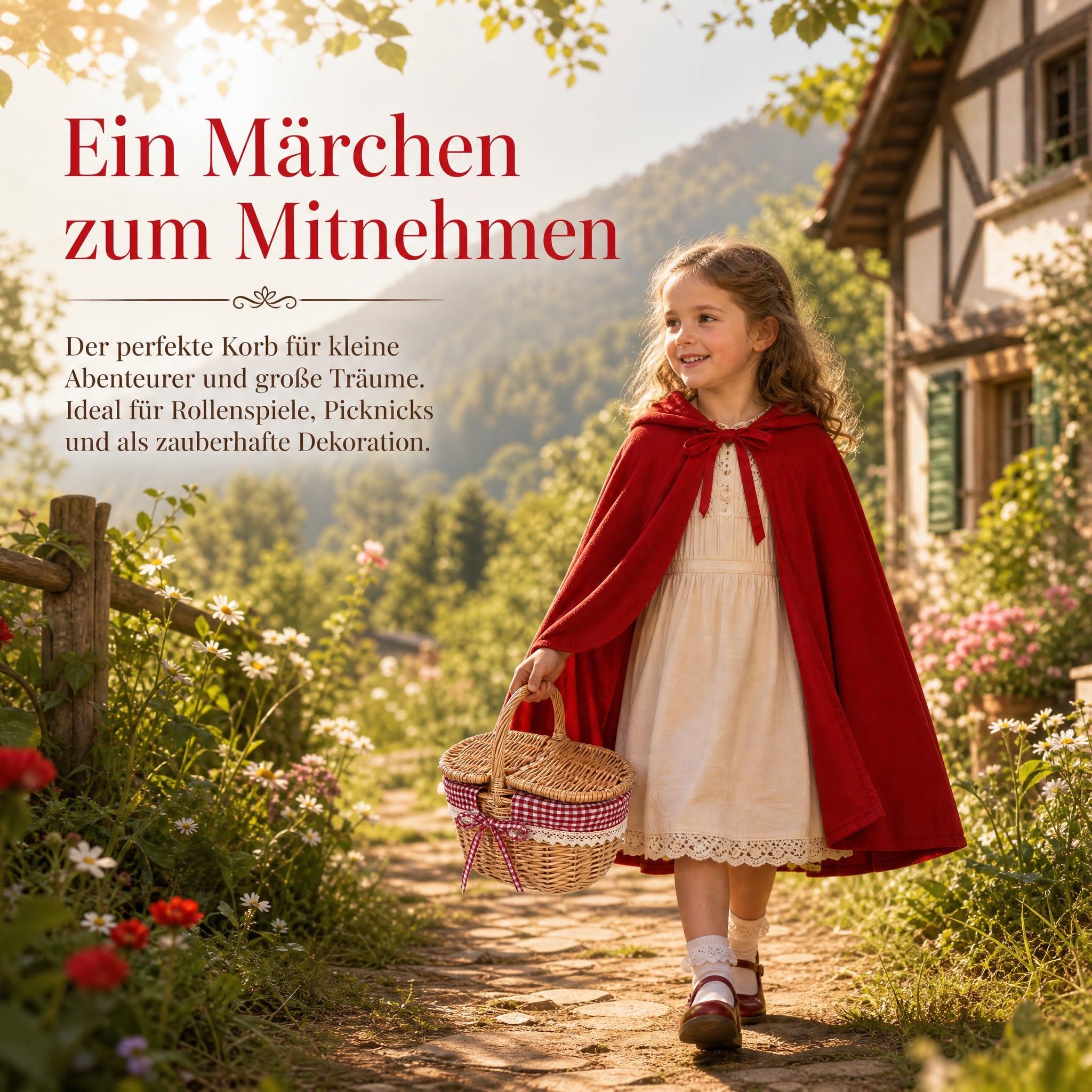 iplusmile Kleiner Weidenkorb mit Deckel und Henkel Geflochten Ovaler Picknickkorb Kinder Rotkäppchen Korb mit Rotem Karostoff, 26x18x15cm