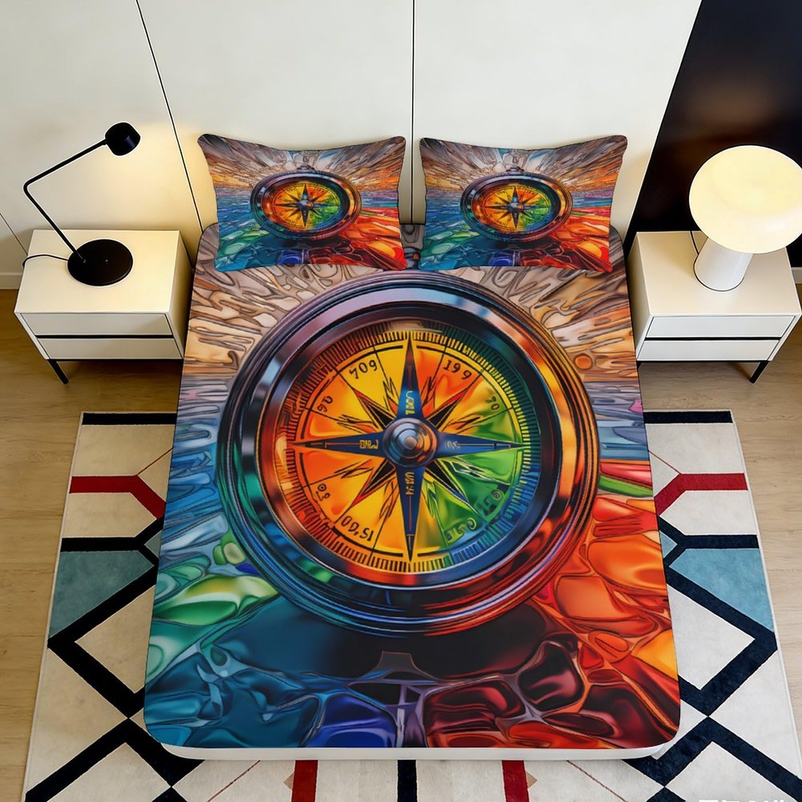 Zfldkwgb Style-3 3D Printed Colorful Compass Fitted Sheet Microfiber Artistic Rainbow Abstract Bed Cover For Bedroom Dorm Decor 90X200x25cm