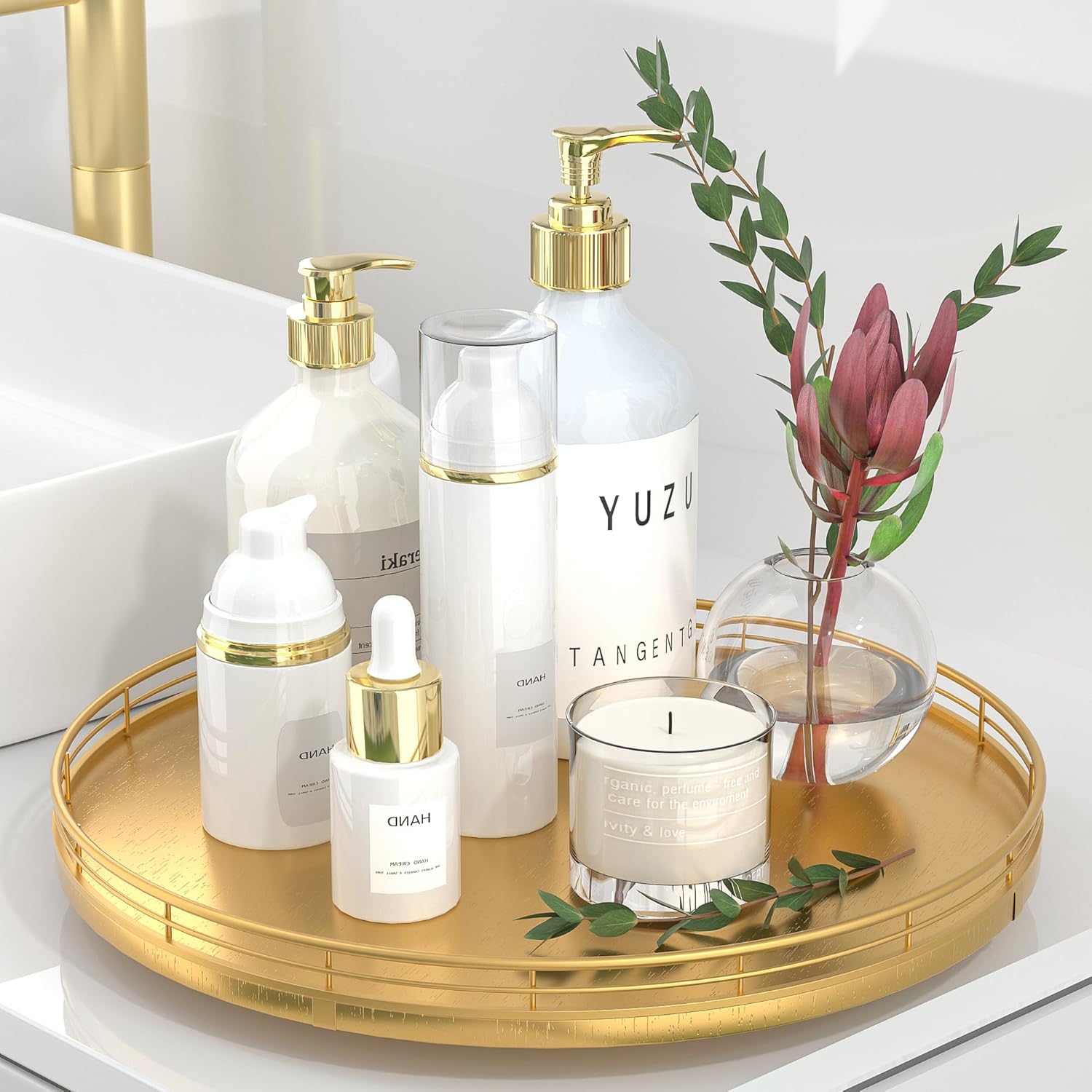 13" Gold Lazy Susan for Table Top, Oak Wood Lazy Susan Turntable Organizer for Dining Coffee Table Centerpiece Bar Decor Kitchen Countertop Bathroom Vanity Decorative Tray for Perfume Jewelry Round Golden 13