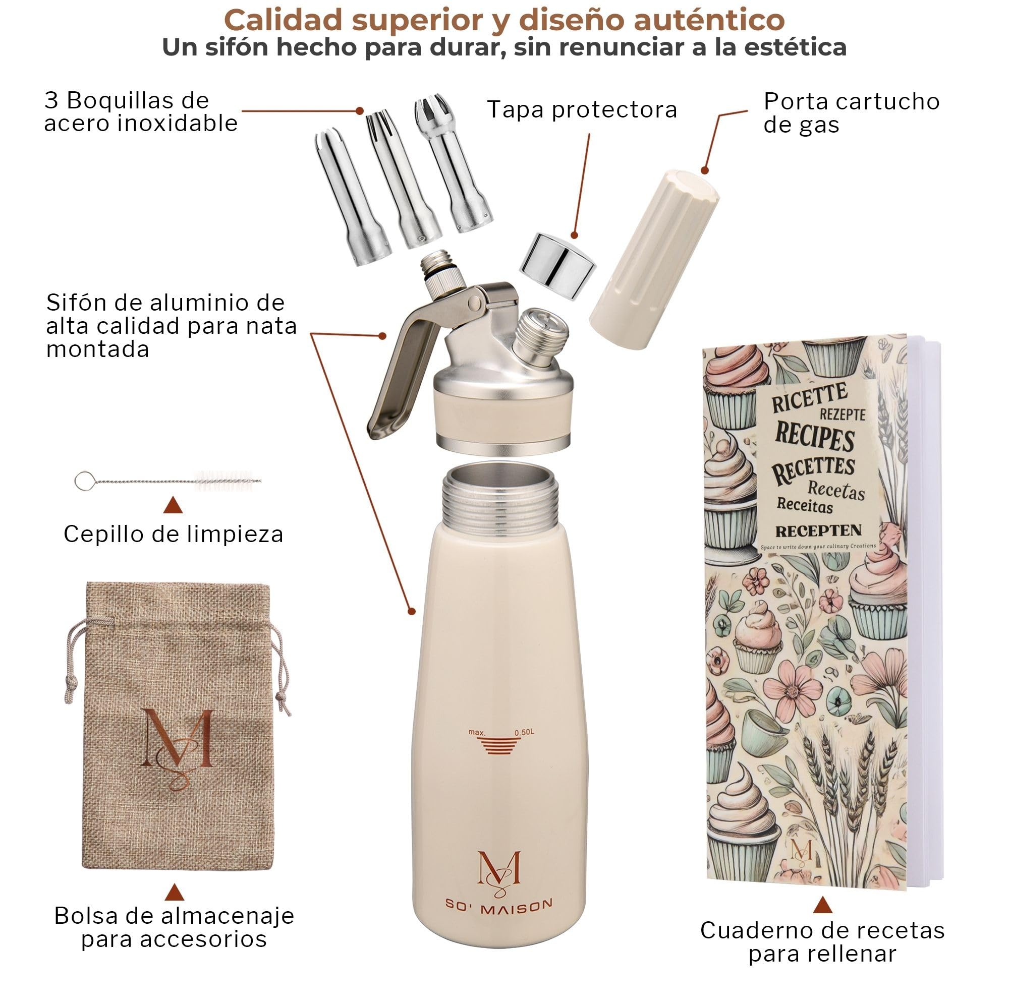 SO’Maison Sifón de Cocina Profesional 500 ml – Chantilly y Nata para Montar, Espumas Dulces y Saladas – Diseño Vintage Elegante