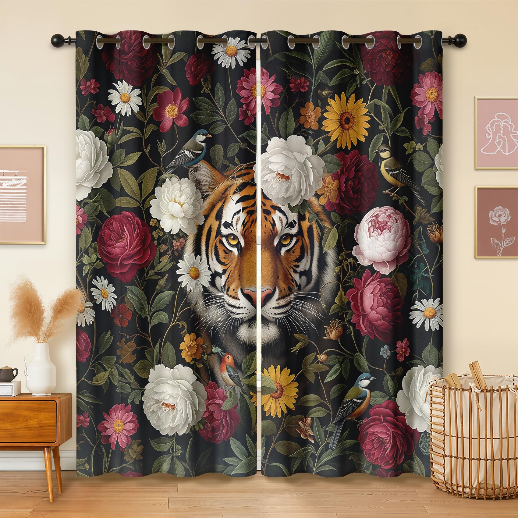 Havenix Dark Floral Tiger Blackout Curtains for Bedroom Living Room, Eyelet Curtains 90x108, Thermal Insulated Drapes for Windows, Vintage Botanical Bird Patterned Window Treatments, 2 Panels