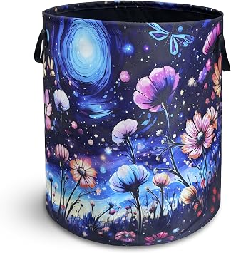 Colorful Flowers Laundry Basket Night Floral Foldable Oxford Cloth