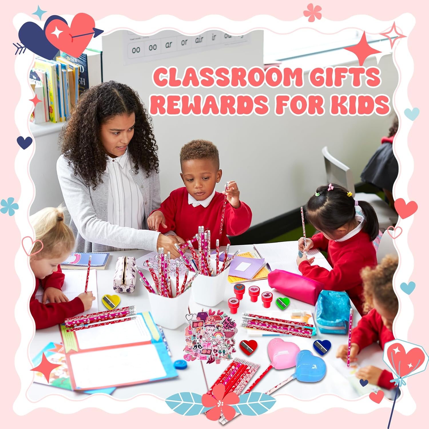 24 Pack Valentines Giant Lollipop Return Gifts Heart Lollipop Stationery Presents with Pencils Stickers Erasers Cards Stamps for Valentine's Day School Classroom Exchange Party Favors