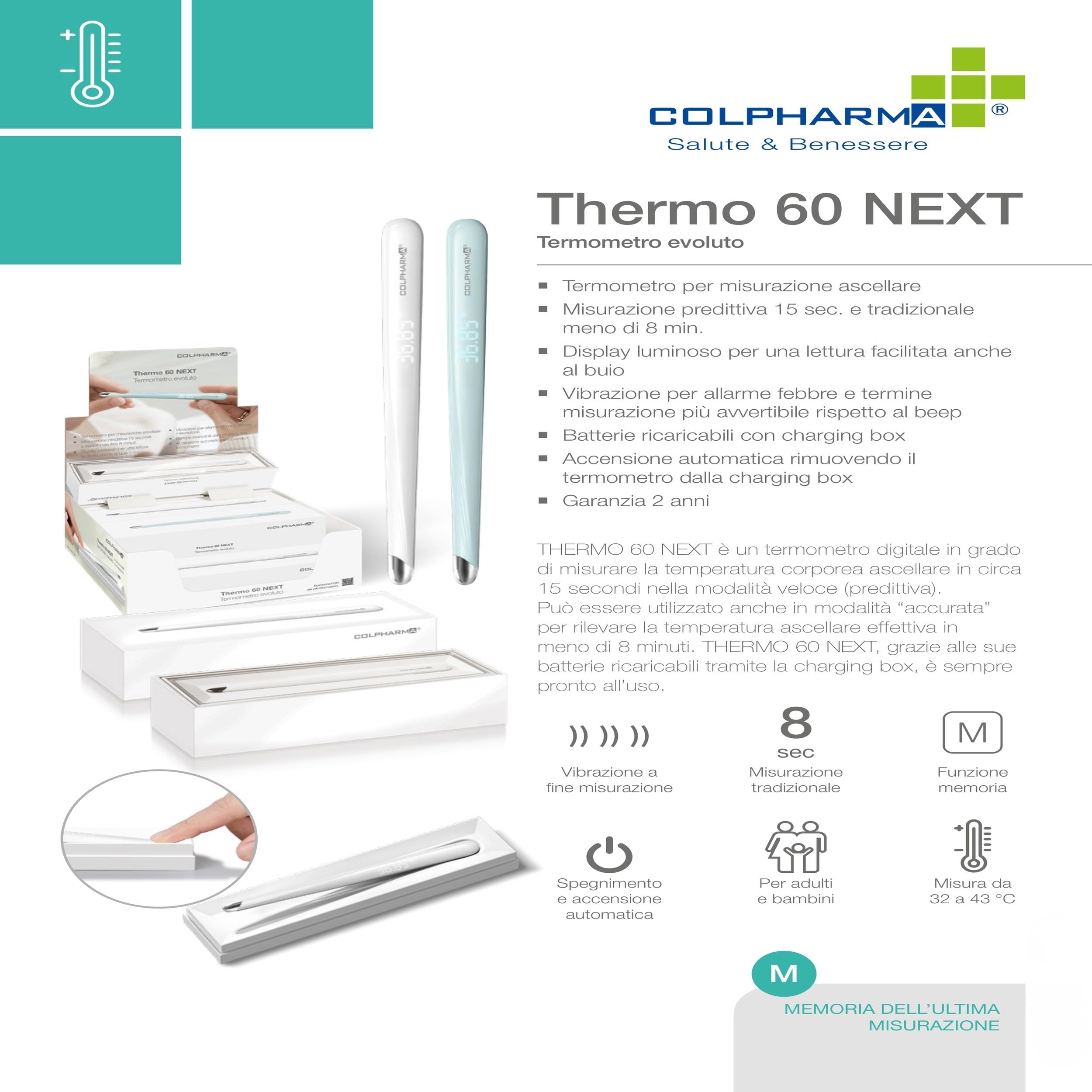 Colpharma Thermo 60 Next Termometro Ascellare Evoluto – Termometro Digitale Clinico (Bianco)