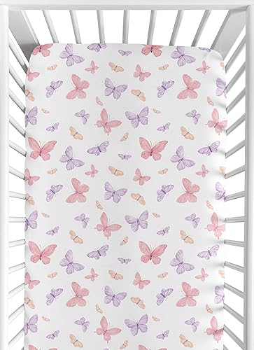 Sweet Jojo Designs Sábana bajera ajustable para cuna de bebé rosa y morado Shabby Chic Butterfly Girl para bebé recién nacido, cama de niño pequeño,