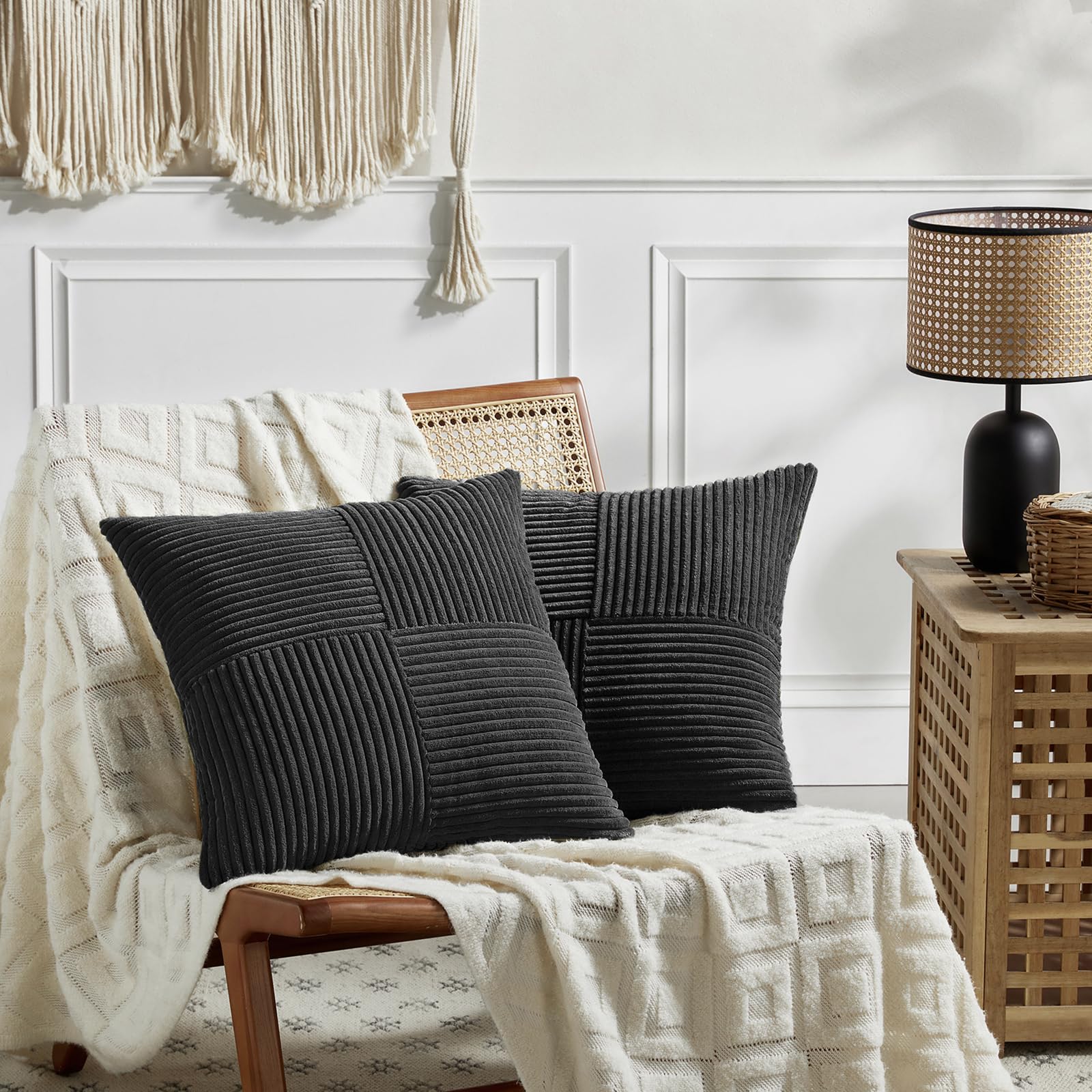 FDTERN Decorative Throw Pillow Covers 22 x 22 Inch for Living Room Couch Bed, Rustic Farmhouse Boho Home Decor, Soft Striped Corduroy Accent Cushion Covers, 55 x 55 cm (Pack of 2), Black — image 1