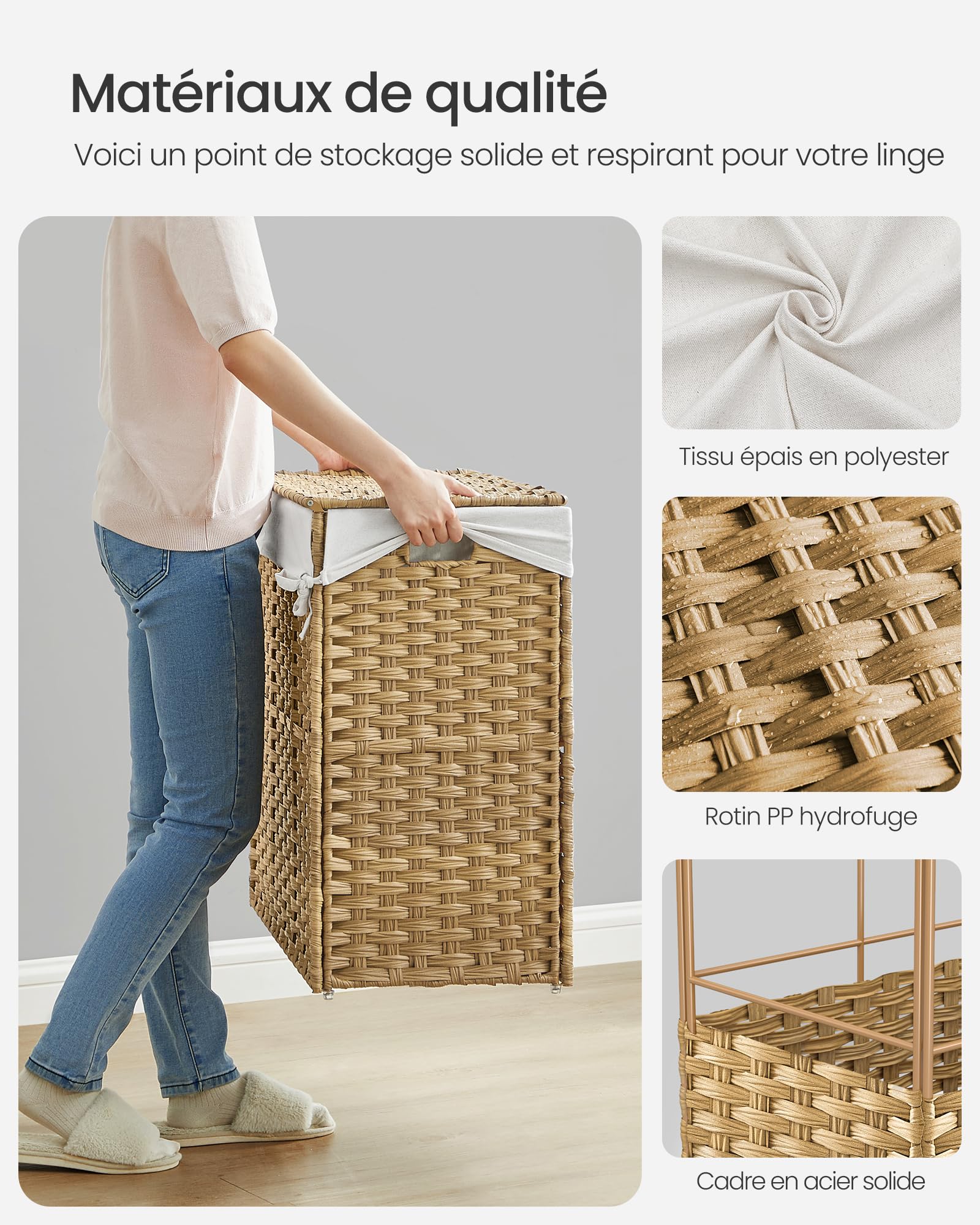 SONGMICS Panier à Linge avec Couvercle, 160L, Corbeille Linge Sale Tressé, avec roulettes, 3 Compartiments, Sac Intérieur Amovible, pour Buanderie, Chambre, 70 x 36 x 66 cm, Couleur Boisée LCB365N01