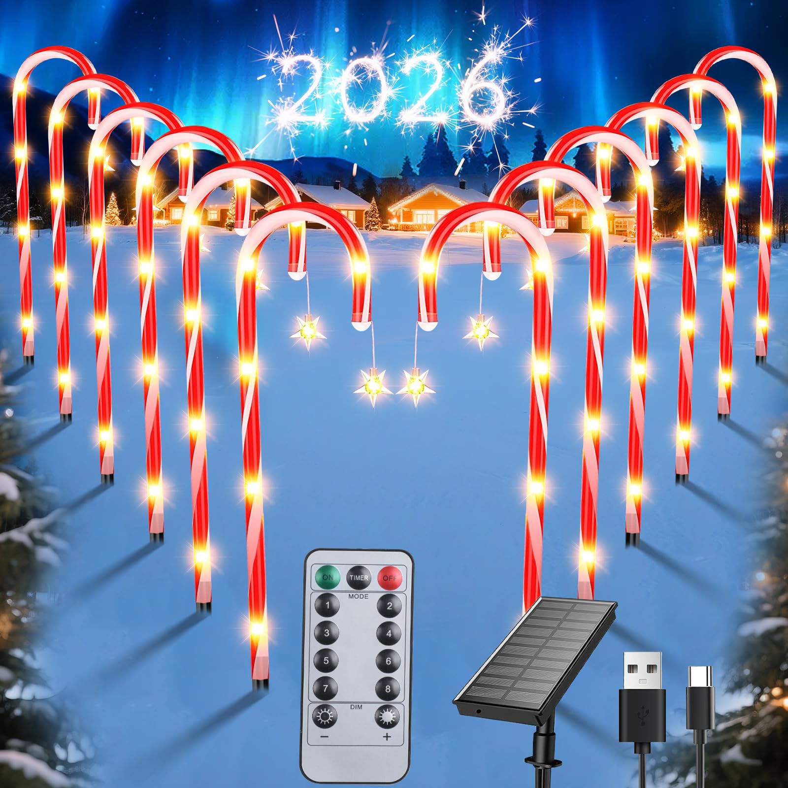 Qoosea Decoration Noël Canne Lumière Solaire Extérieur, 12 Pack 8 Modes Cannes à Sucre Lumineuse de Noël avec Télécommande, IP65 Étanche Lampe Solaire Exterieur Décor pour Jardin Chemin Cour